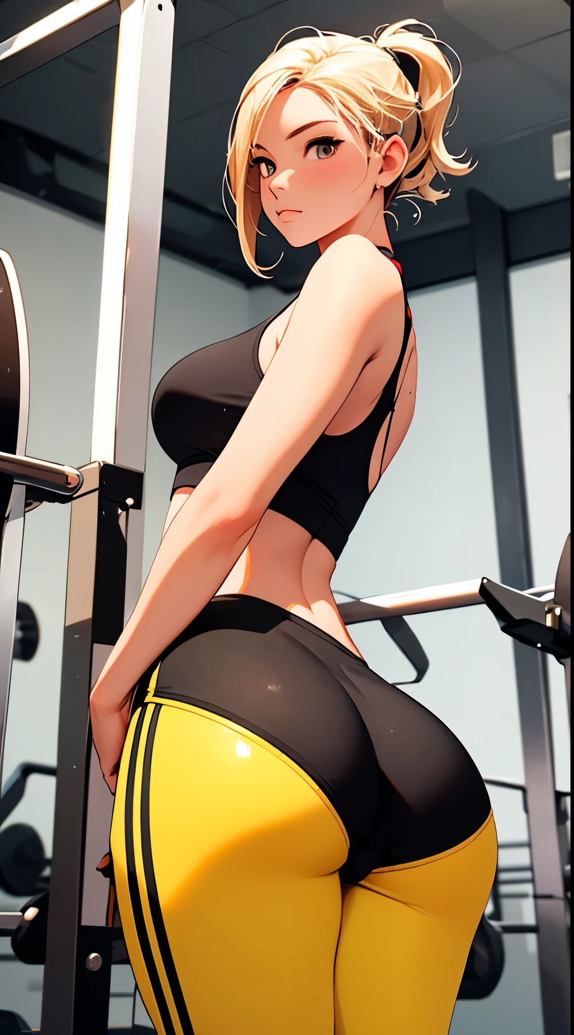 1 girl, blonde hair, yellow legging pants, big ass, , big ,, cameltoe, gym, tight body clothing, HD high definition detailed realistic, 3d