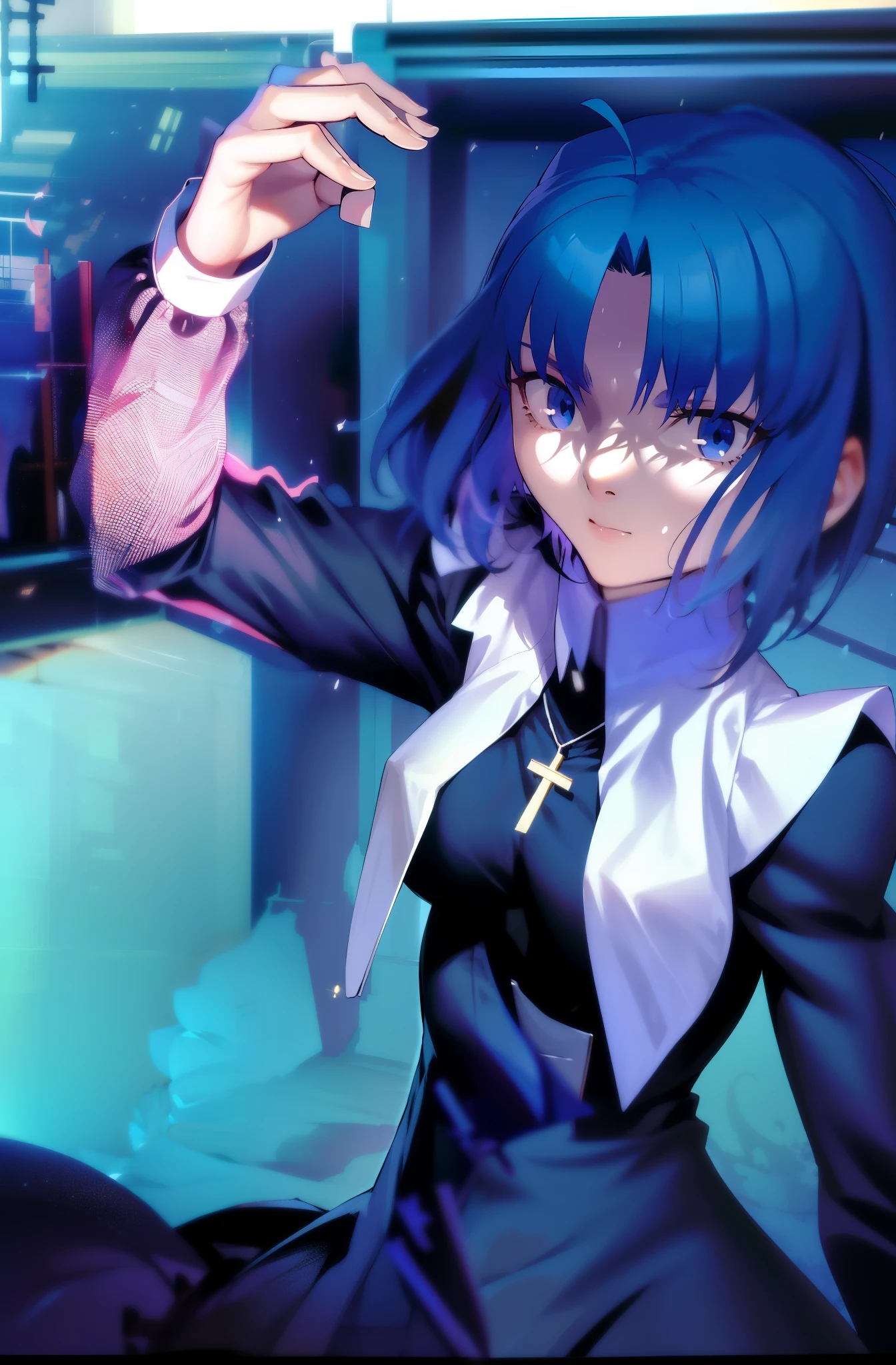 Takeuchi Takahashi, (best quality, 4k, 8k, highres,m asterpiece:1.2), (ultra-detailed:1.6), slender figure, (soft, delicate features:1.1), (vivid colors), ciel_(tsukihime), cowboy shot, 1girl, solo, (long sleeves black dress;1.4), chain, habit open, sad, looking at viewer, antenna hair, (ahoge:1), closed mouth, fingernails, breasts, medium breasts, cross, latin cross, cross, holding, necklace, nun, symmetrical, serious, (Shadowed:1.5), (eye brow)