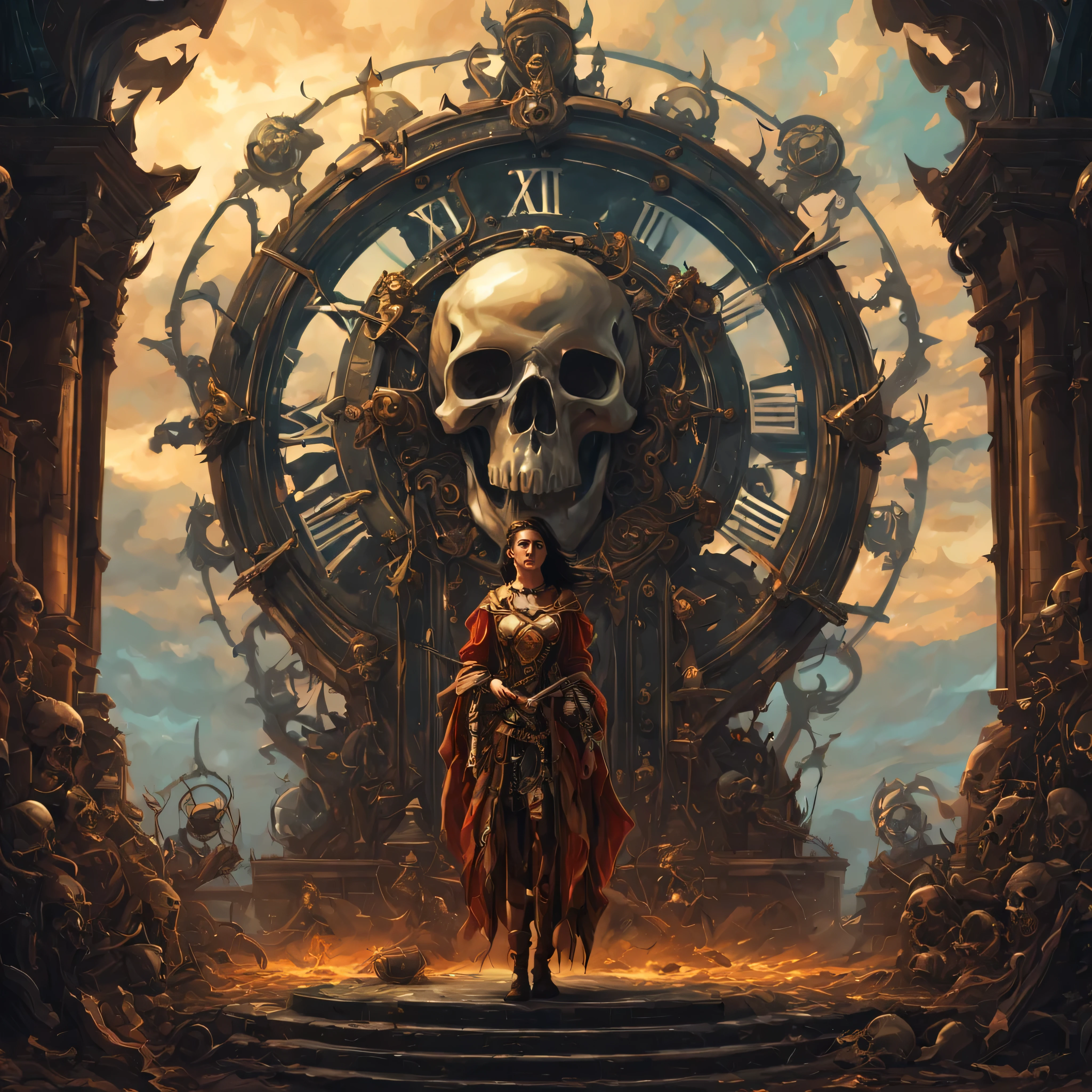 there is a woman standing in front of a clock with a skull on it, epic fantasy sci fi illustration, 4k highly detailed digital art, fantasy skull, 4k detailed digital art, 4k fantasy art, detailed digital 2d fantasy art, symmetrical epic fantasy art, mohrbacher, peter mohrbacher. unreal engine, peter mohrbacher style