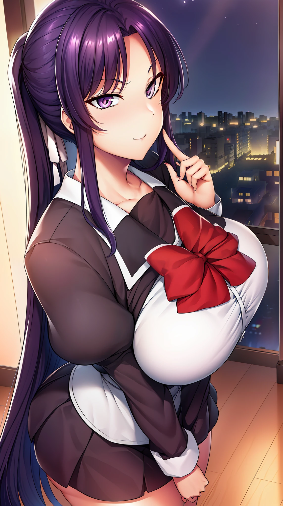 (Night:1.7), Japan, Tokyo, CityView, Before Window,
Standing at attention,
Black_jacket,white shirt, Black_Skirt,sailor outfit,red bowtie,puffy sleeves,long sleeves, 
jewelry,
purple eyes, purple hair,Bangs, ponytail,long hair, 
1 girl, 24yo,mature female,Beautiful Finger,Beautiful long legs,Beautiful body,Beautiful Nose,Beautiful character design, perfect eyes, perfect face,
looking at viewer,girl in the center of the image,
NSFW,official art,extremely detailed CG unity 8k wallpaper, perfect lighting,Colorful, Bright_Front_face_Lighting,
(masterpiece:1.0),(best_quality:1.0), ultra high res,4K,ultra-detailed,
photography, 8K, HDR, highres, absurdres:1.2, Kodak portra 400, film grain, blurry background, bokeh:1.2, lens flare, (vibrant_color:1.2)
(Beautiful,Large_Breasts:1.2), (beautiful_face:1.5),(narrow_waist),