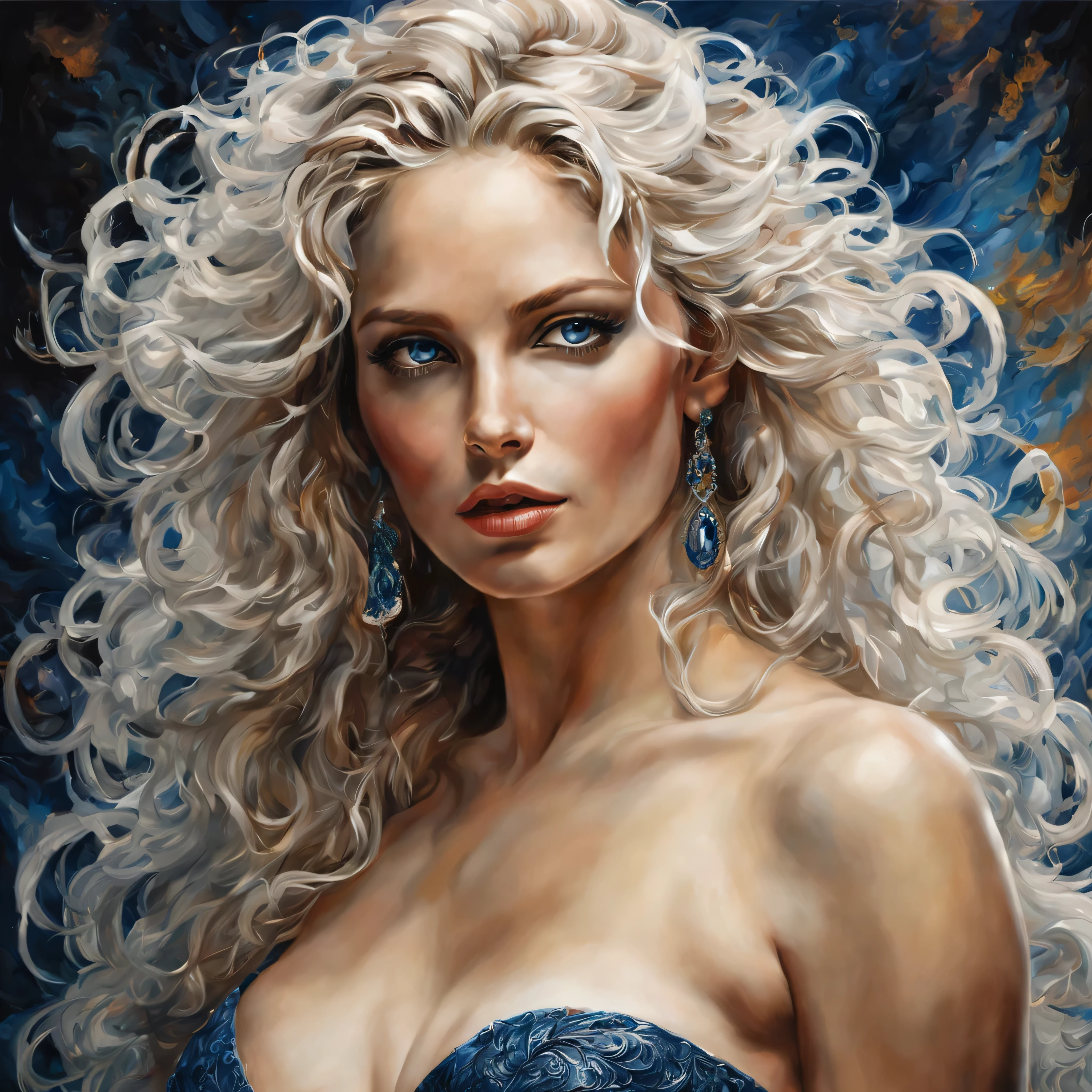 A charismatic nordic woman, her presence dominates the still. This remarkable female is depicted in a beautifully intricate 
painting, meticulously capturing every detail of its attractive form. With resplendent hair cascading down its muscular, 
endowed body, the seducer exudes an air of grandeur and power. Its piercing sultry sapphire eyes shine with an otherworldly 
brilliance, captivating the viewer's gaze. Its elegant curvy body is barely covered. The image is executed with exceptional skill
 and precision, conveying the artist's mastery in capturing the essence of this mythical temptress.