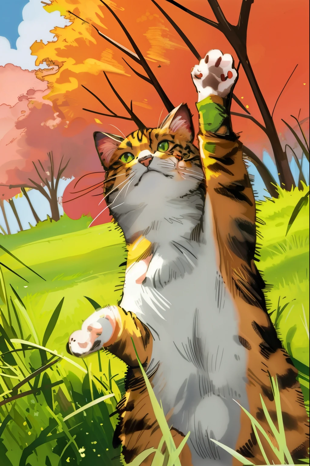 there is a cat that is standing up in the grass, in an action pose, doing a majestic pose, with arms up, cat is floating in air, photo of a cat, doing a sassy pose, reaching for the sky, reaching towards the heavens, playful pose, doing an elegant pose, on his hind legs, cat photography, triumphant pose, cat photo