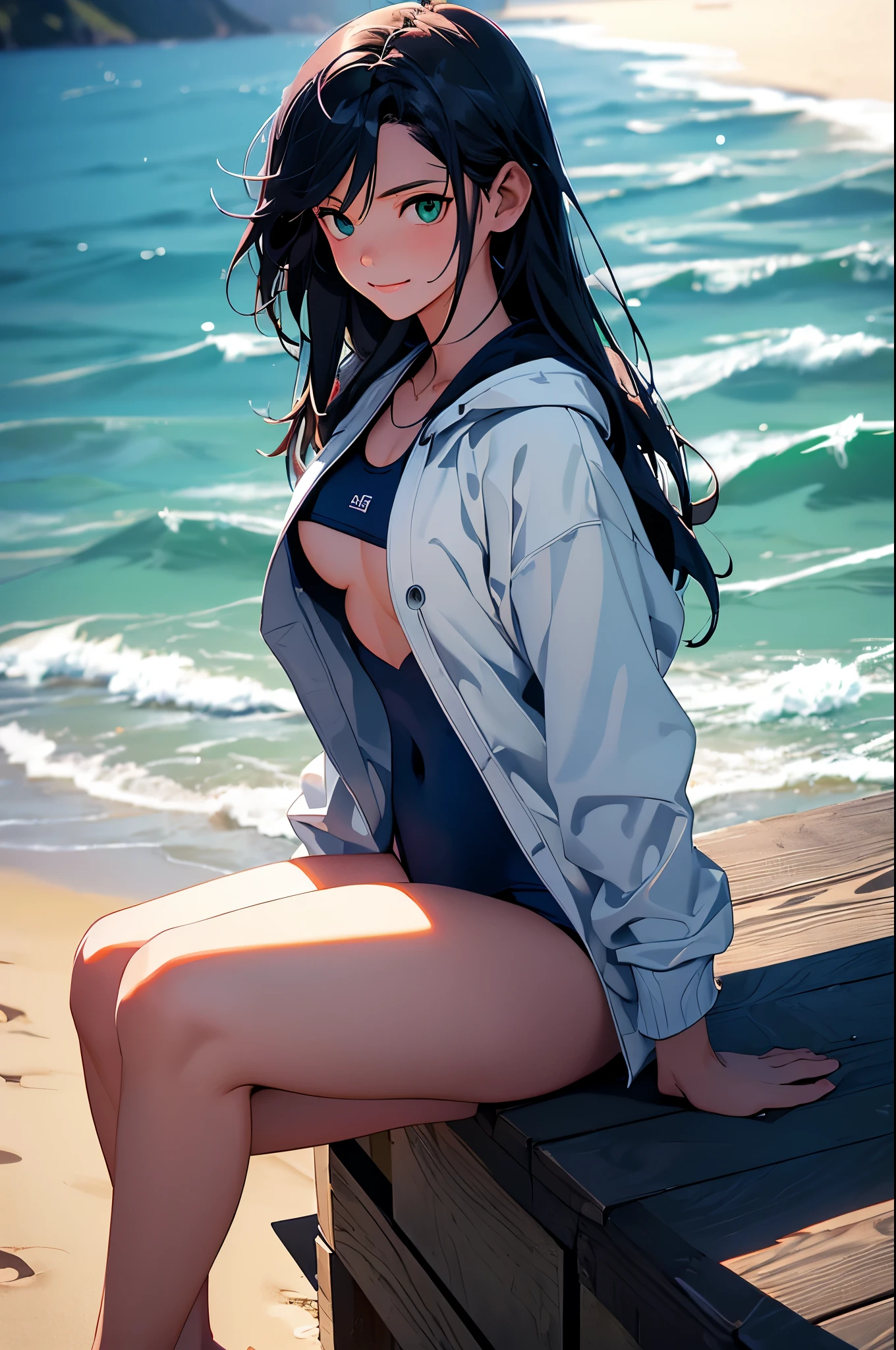 masutepiece, Best Quality, hyper detailed illustration,beautiful artwork,(Extreme Detail CG Unity 8K wallpaper、masterpiece、top-quality)、(exquisite lighting and shadow、highly dramatic picture、cinematic lens effects)、(excellent details、Outstanding lighting、wide angles)、(Excellent rendering),Anime girl sitting on the dock on the beach
Anime Girls, 1girl in, Swimsuit, Navy blue school swimsuit, Solo, Looking at Viewer, Outdoors, The jacket is a white hoodie, breasts, ocean, Covered navel, day, Green eyes, Beach, skyporn, A dark-haired, cloud, Twin-tailed,Barefoot, Navy blue one-piece swimsuit, Bright smile,Smaller chest,