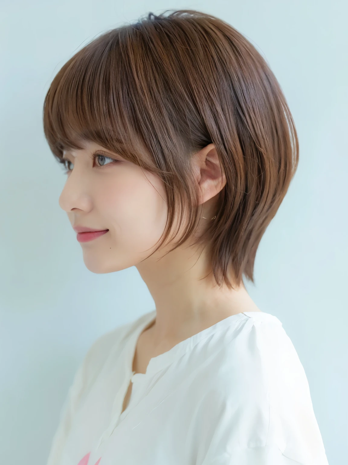 white wall、Taken in front of the white door、(窓のあるwhite wallの部屋)、(8K、Live shooting、highest quality、masterpiece:1.2)、High-definition RAW color photo、professional photos、(genuine、フォトgenuine:1.37)、Shot in natural light、1 girl、lazy smile、(various poses)、Blake is (Ombre:1.3) 、Spring clothes、 necklace、(Beautiful profile:1.3)、Don't look at the camera、profile、shortcut、((brown hair))、short hair、Eye color is dark brown、(Beautiful profile:1.3)、correct hand of human body、look down、Blouses in pastel colors、丸みのあるshort hair