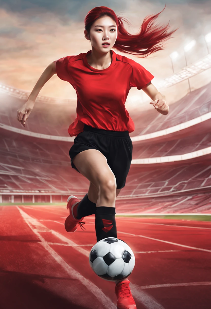 digital concept art of ultra realistic beautiful Korean woman wearing a red shirt with black pants, red ponytail hair, popular face, very healthy, running after (a soccer ball) near foot, inside a stadium, smoky surrounding , in motion, mid air, realism