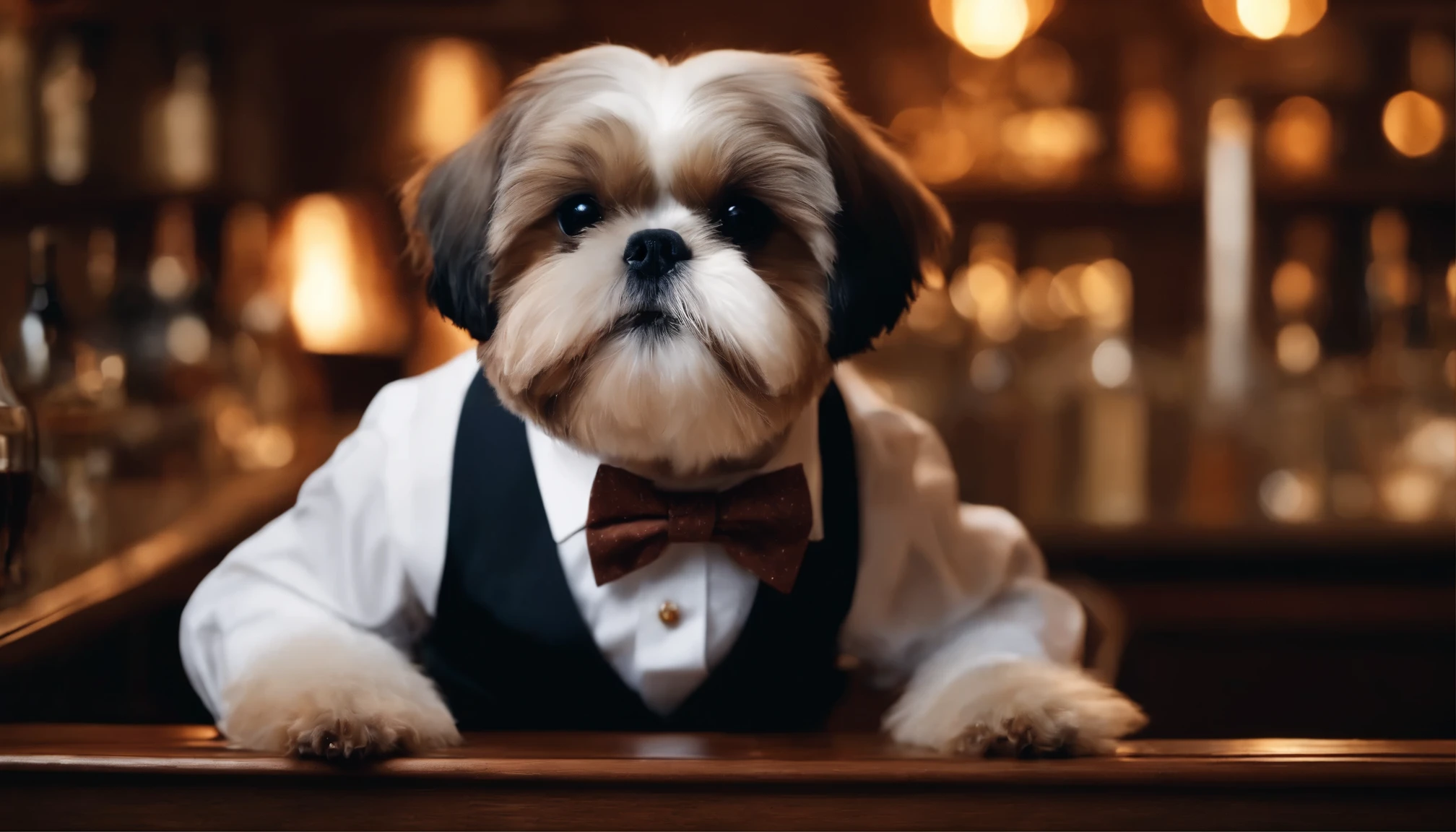 simple background,surreal,hyper detail,Shih Tzu wearing a bow tie on the bar counter,white dress shirt、master、Whiskey glasses、antique、SF,See everywhere,Highly detailed surreal VFX,impurities,vision,super fine,Super detailed,high quality,8K ,OC rendering,dynamic viewing angle