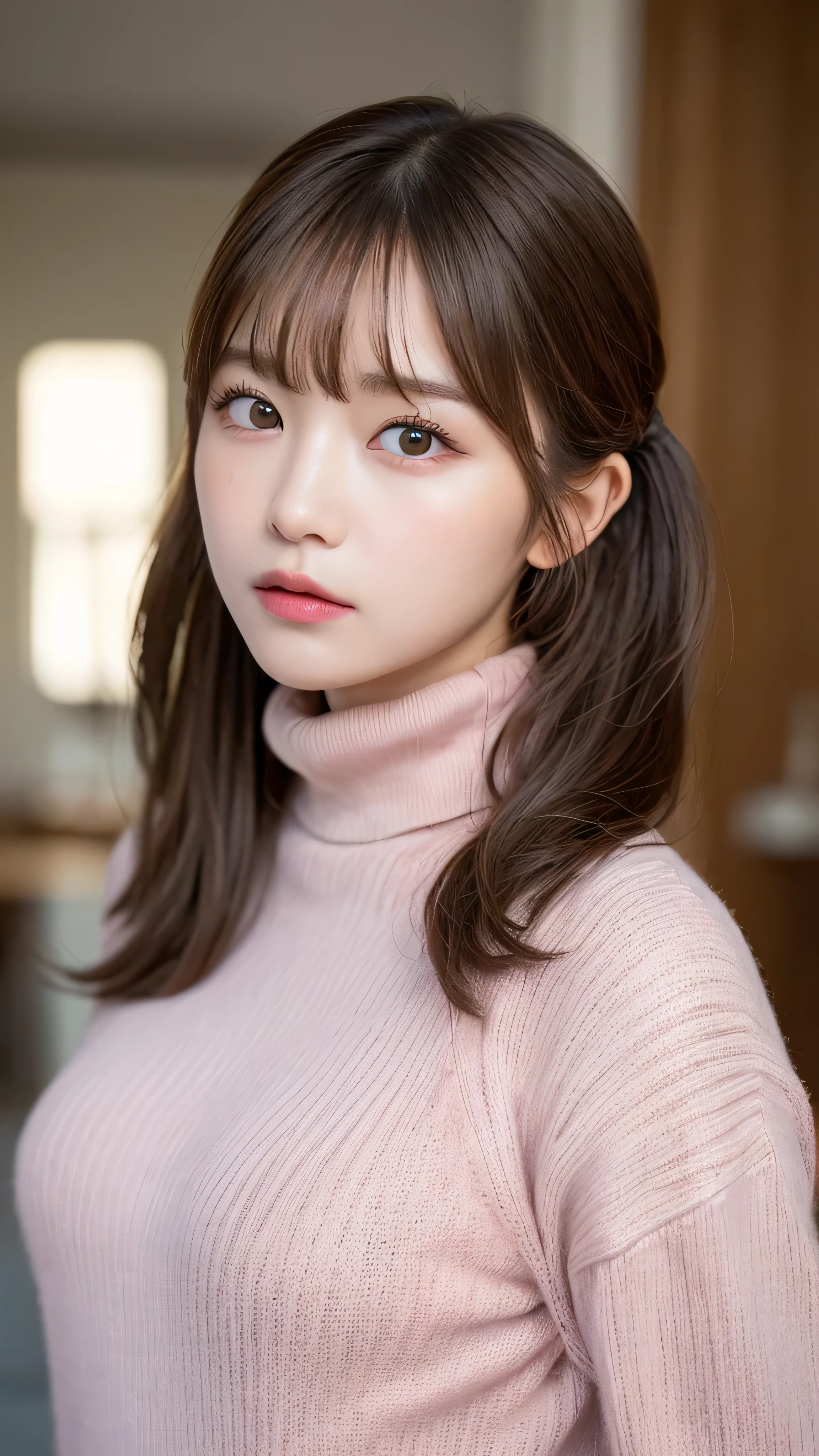 (masterpiece:1.5)、(realistic:1.5)、(highest quality:1.4、8K、RAW photo)、
ultra high resolution、professional lighting、perfect dynamic composition、Shot indoors、
film grain、chromatic aberration、(Bokeh:1.1)、
Frank、Sophisticated、charm、超realistic、high detail、golden ratio、
(1 girl)、slender girl、繊細でcharm女の子、cute woman:1.4、
serious expression、looking at the viewer、
light brown hair、shining hair、The hairstyle is twin tails、
skin that looks real、
close your mouth、fine eyes、double eyelid、thin arms、
(wearing a pink turtleneck sweater)