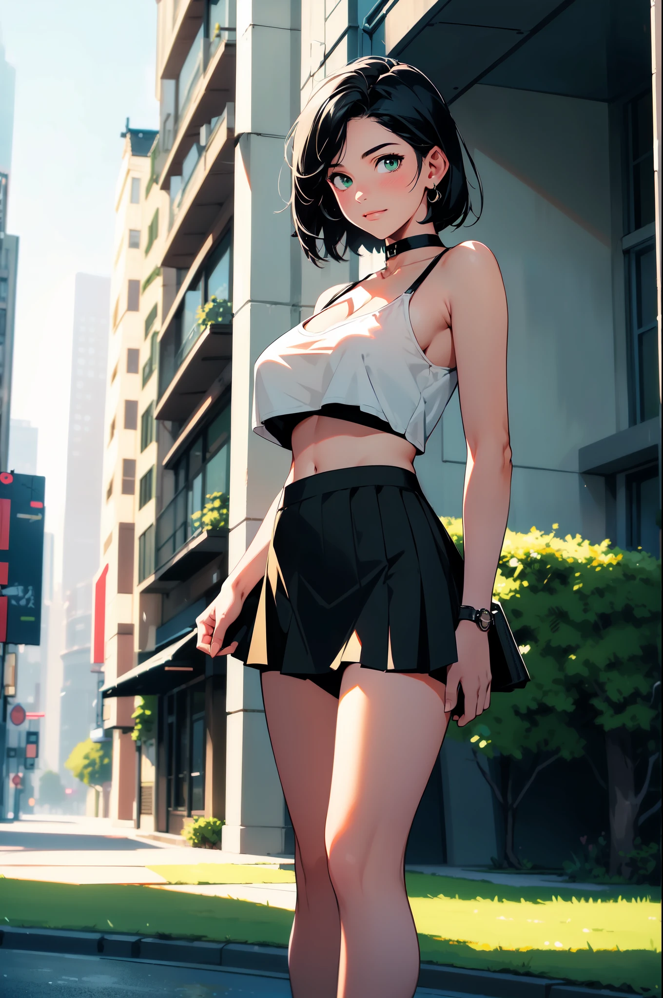 ((Masterpiece)), ((Best Quality)), Ultra High Resolution, HDR, absurderes, 8K, (1 girl), intricate details, ultra-detailed, dramatic lighting, blushing, smile, green eyes, short black hair, bob hair, choker, crop top, (black tank top), (black pleated mini skirt), gorgeous girl, large breasts, cleavage, gorgeous body, vivid colors, full body view, sharp focus, detailed illustration, detailed background, outdoors, depth of field, shy, feminine, professional artwork, standing up, in city