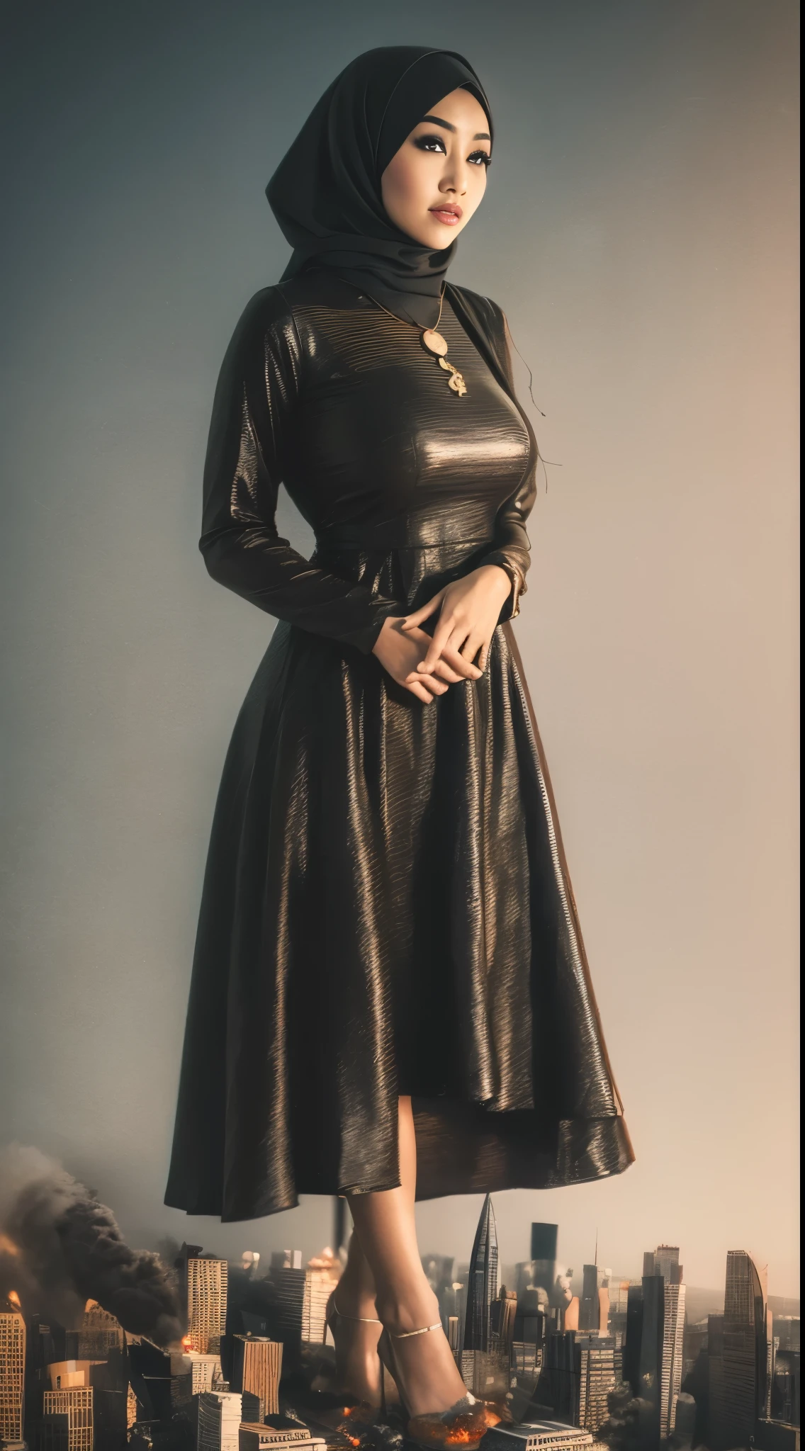 RAW, Best quality, high resolution, masterpiece: 1.3), beautiful Malay woman in hijab,Masterpiece, perfect slim fit body, (Huge breast),big gorgeous eyes, Soft smile, Delicate turtleneck print peplum dress, necklace, shairband, Excellent lighting, Bright colors, Clean lines, mega giantess, Asian, standing, high heels,, skyscrapers, city destruction, collapsing buildings, fire, smoke, explosions, dust explosions, gray tint, clear sky