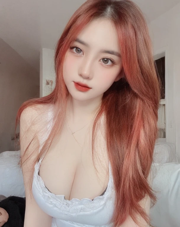 (realistic、high resolution:1.3)、 1 girl with perfect figure、selfee、Long、((white skin:1.3))、Huge breasts:1.3、white bikini、looking at viewers、super fine face and eyes、long hair、 in bedroom, sit on the bed、exposed cleavage、upper body、half body