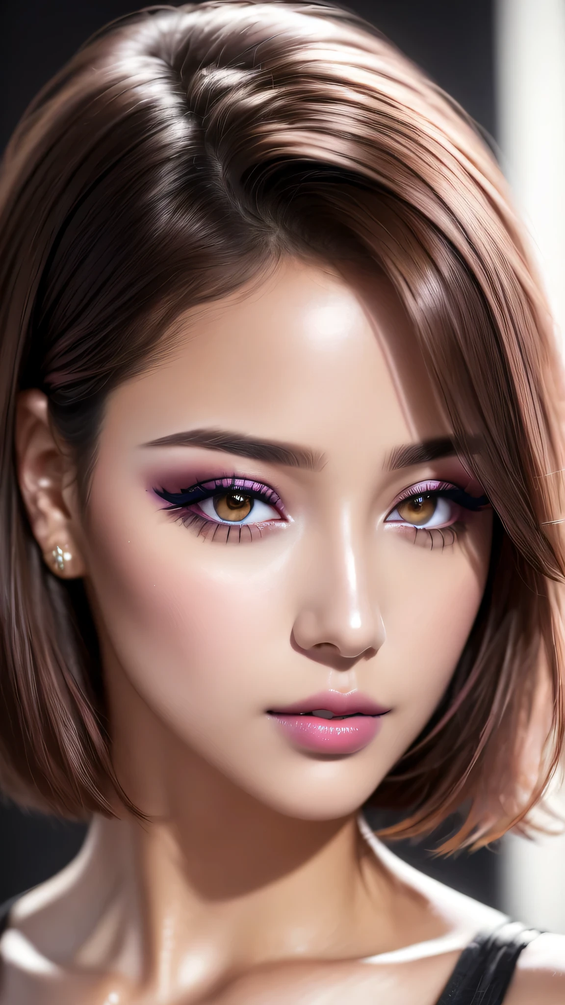 Ultra-realistic、 ultra-detailed primetime portraits、 最high quality、 8K, highest level、 The ultra -The high-definition)、(Super beautiful)、(beautiful face:1.5)、(detailed face:1.5)、(detailed eyes:1.2)、(detailed lip:1.2)、(Detailed nose:1.2)、1girl:1.2 25 years old、fashion supermodel、real:1.7、photorealistic:1.7、very delicate and beautiful、fine details、masterpiece、 最high quality、 high quality、 High resolution、 (Glamour, paparazzi taking pictures of her)、 (light dark short hair, extremely detailed)、 high contrast, (dark shot:1.07)、 Long 2blue_eyelashes:1.38、 (dark_eyeshadows:1.25)、 (Glossy) red_lipstick:1.35、(perfect round eyes)、 ((brown_eyes:1.3))、 (pink_makeup:1.28)、(tanned matte skin:1.17)、 ((upper body shot))