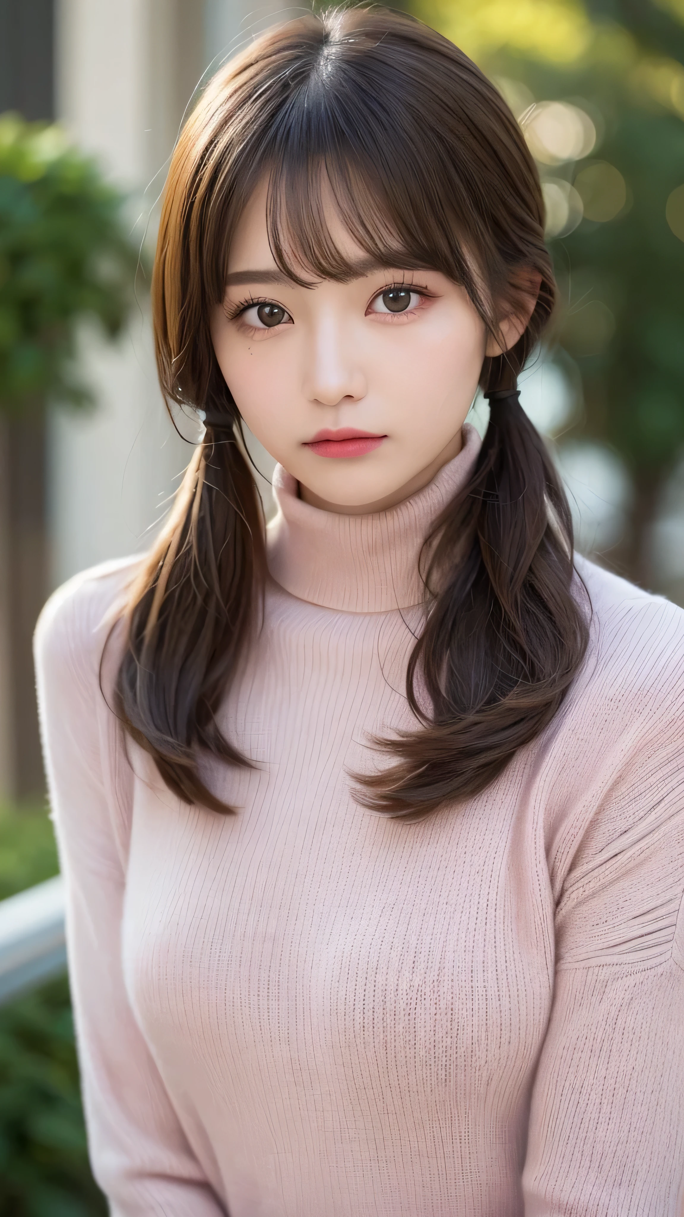 (masterpiece:1.5)、(realistic:1.5)、(highest quality:1.4、8K、RAW photo)、
ultra high resolution、professional lighting、perfect dynamic composition、Shot indoors、
film grain、chromatic aberration、(Bokeh:1.1)、
Frank、Sophisticated、charm、超realistic、high detail、golden ratio、
(1 girl)、slender girl、繊細でcharm女の子、cute woman:1.4、
serious expression、looking at the viewer、
light brown hair、shining hair、The hairstyle is twin tails、
skin that looks real、
close your mouth、fine eyes、double eyelid、thin arms、small box、
(wearing a pink turtleneck sweater)