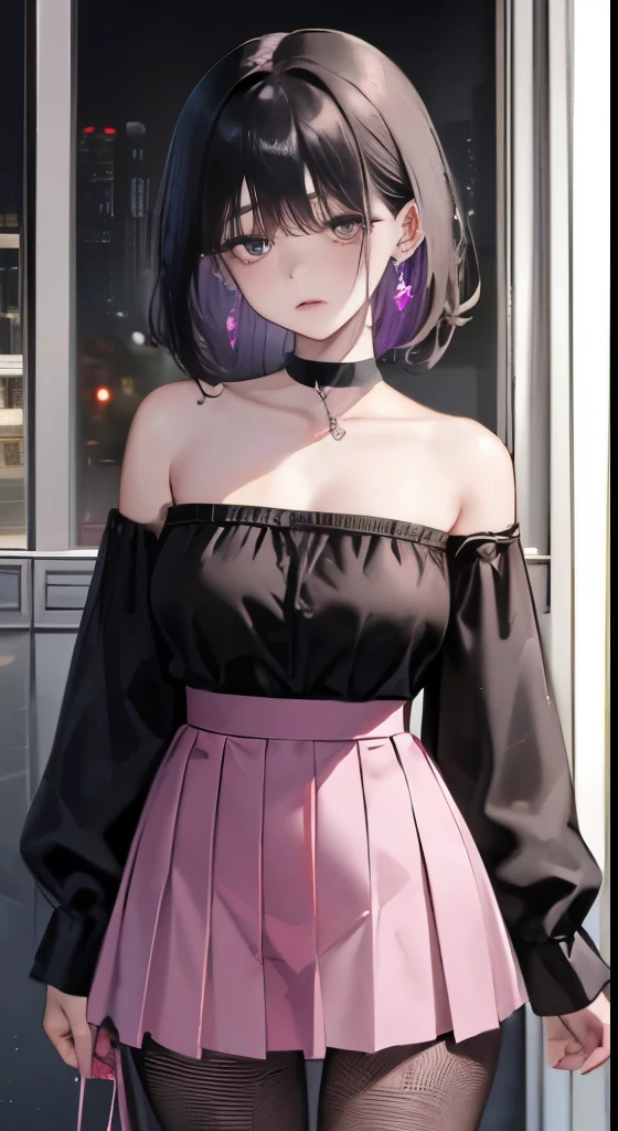 (8K、best image quality、highest quality、masterpiece)、1 girl、black hair twintails、short hair、wavy hair、dull bangs、purple eyes、Expressionless、earrings、Moderate chest、Pink ruffled clothes、off shoulder strapless、black mini skirt、((Fishnet tights))、cowboy shot、Downtown background at night