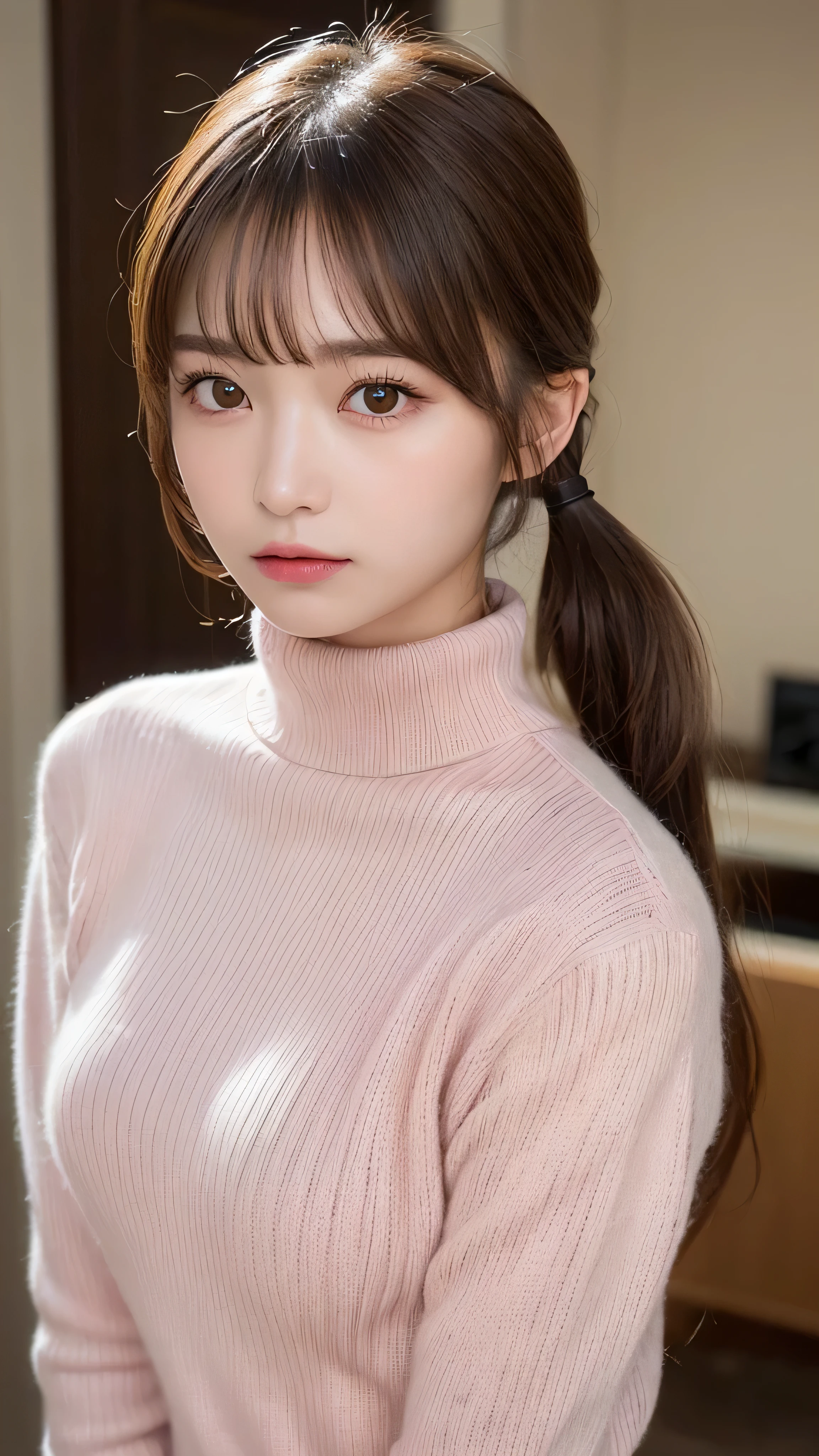 (masterpiece:1.5)、(realistic:1.5)、(highest quality:1.4、8K、RAW photo）、
ultra high resolution、professional lighting、perfect dynamic composition、Shot indoors、
film grain、chromatic aberration、(Bokeh:1.1)、
Frank、Sophisticated、charm、超realistic、high detail、golden ratio、
(1 girl)、slender girl、繊細でcharm女の子、cute woman:1.4、
serious expression、looking at the viewer、
light brown hair、shining hair、The hairstyle is twin tails、
skin that looks real、
close your mouth、fine eyes、double eyelid、thin arms、small box、
(wearing a pink turtleneck sweater)