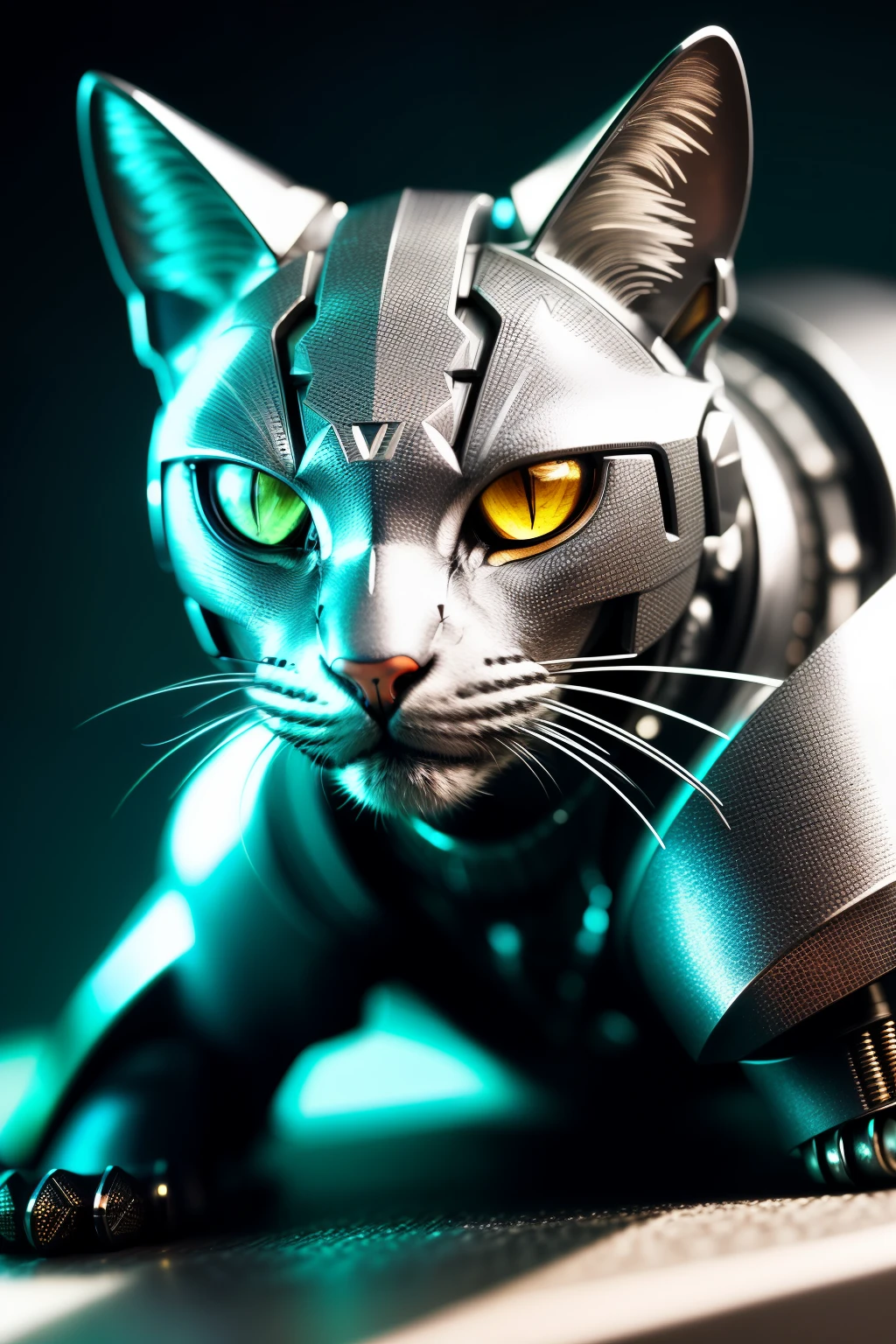 A metallic feline figure, (cyborg: 1.1), (sharp edges: 1.3), intricately designed, HDR, (hyperdetailed: 1.2), cinematic close-up, vignette, centered - a sleek and modern reinterpretation of a cat, its detailed wires and gears exposing the inner workings of its mechanical form, a captivating blend of technology and nature.