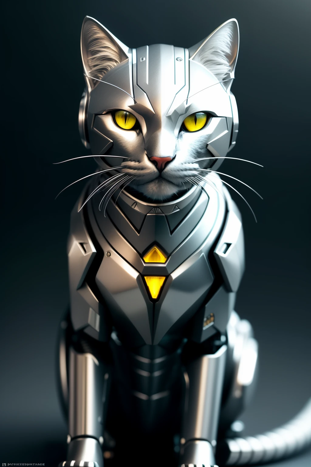 A metallic feline figure, (cyborg: 1.1), (sharp edges: 1.3), intricately designed, HDR, (hyperdetailed: 1.2), cinematic close-up, vignette, centered - a sleek and modern reinterpretation of a cat, its detailed wires and gears exposing the inner workings of its mechanical form, a captivating blend of technology and nature.