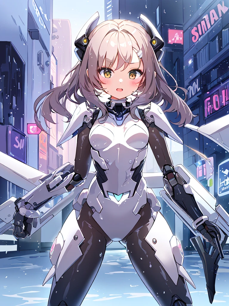 ((masterpiece:1.4、highest quality))+、(super detailed)+、
1 girl、cyberpunk city、flat chest、wavy hair、mecha clothes、(robot girl)、Cool move、Silver Bodysuit、colorful background、Wet day、(lightning effect)、Silver Dragon Armor、(cold face)、cowboy shot、pretty girl