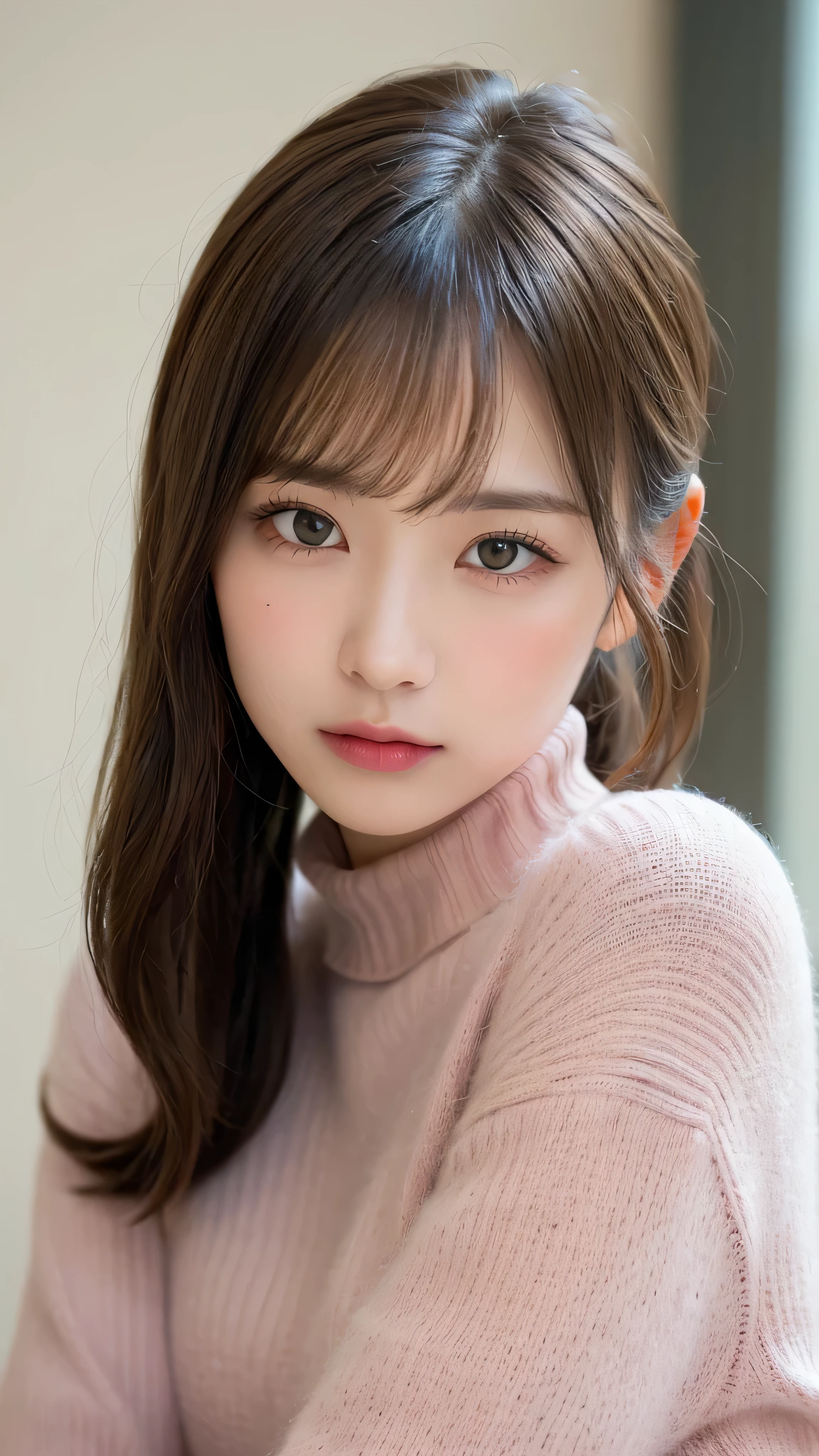 (masterpiece:1.5)、(realistic:1.5)、(highest quality:1.4、8K、RAW photo)、
ultra high resolution、professional lighting、perfect dynamic composition、Shot indoors、
film grain、chromatic aberration、(Bokeh:1.1)、
Frank、Sophisticated、charm、超realistic、high detail、golden ratio、
(1 girl)、slender girl、繊細でcharm女の子、cute woman:1.4、
serious expression、looking at the viewer、sculpture installation、
light brown hair、shining hair、Hair style is ponytail、
skin that looks real、
close your mouth、fine eyes、double eyelid、thin arms、small box、
(wearing a pink turtleneck sweater)