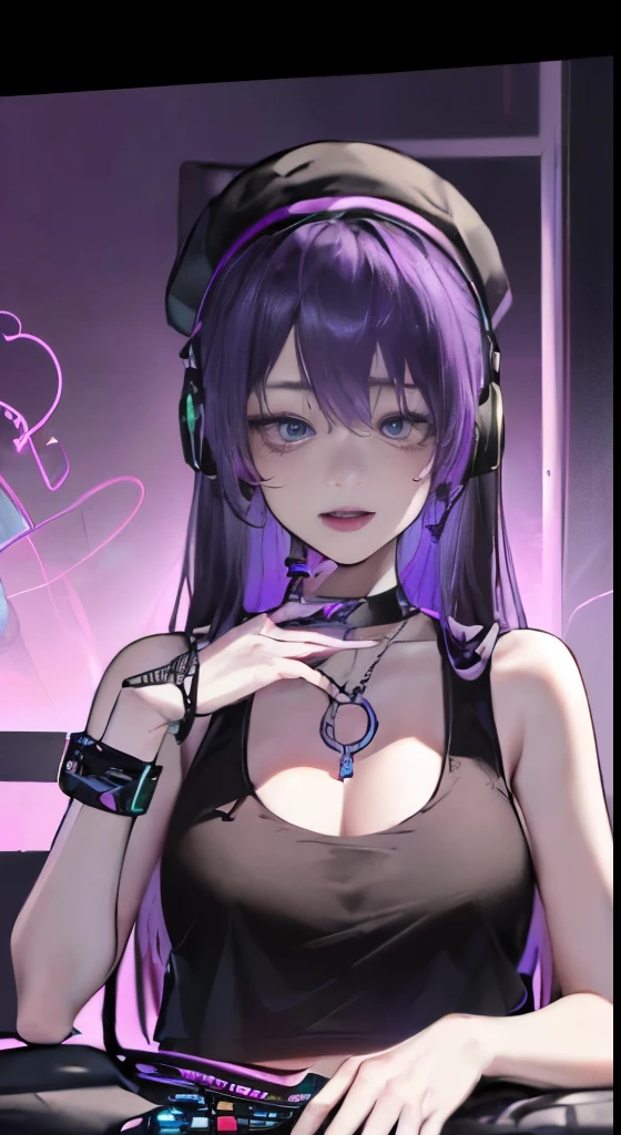 最high quality、best image quality、masterpiece、with a girl((18-year-old、cool hats、Tattoo of the heart symbol on the right shoulder、Black Navel Tank Top、white shorts、vest bust、bust 85、purple hair、long hair、blue eyes、open your chest wide、happiness、chain accessories、Black wristband on wrist、sit on a chair、Slender、laughter、Have a controller、sexy pose、gaming headphone、income)）high quality、American comic book style、With background((Neon colored room、Gaming PC、Gaming Desk、Gaming Chair、Gaming bed、game machine))、table top、depth(lightning)