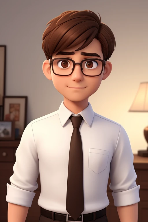 A man of 30 years old, with short brown hair,diamond face, strict look, and brown eyes, wearing white white shirt with necktie and glasses.