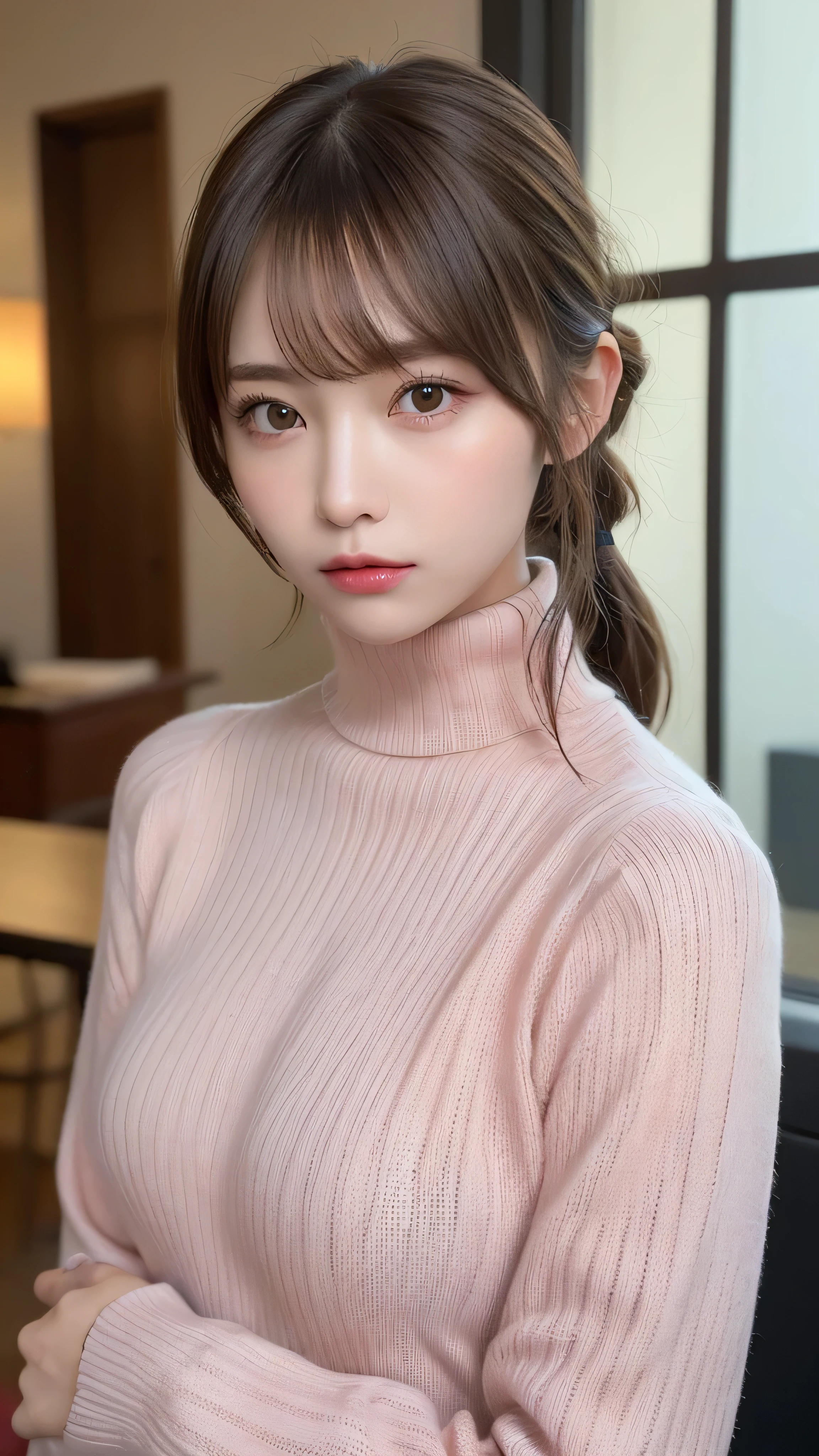 (masterpiece:1.5)、(realistic:1.5)、(highest quality:1.4、8K、RAW photo)、
ultra high resolution、professional lighting、perfect dynamic composition、Shot indoors、
film grain、chromatic aberration、(Bokeh:1.1)、
Frank、Sophisticated、charm、超realistic、high detail、golden ratio、
(1 girl)、slender girl、繊細でcharm女の子、cute woman:1.4、
serious expression、looking at the viewer、sculpture installation、
light brown hair、shining hair、Hair style is ponytail、
skin that looks real、
close your mouth、fine eyes、double eyelid、thin arms、small box、
(wearing a pink turtleneck sweater)