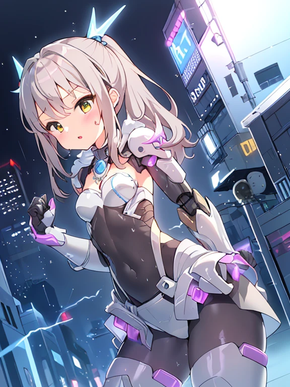 ((masterpiece:1.4、highest quality))+、(super detailed)+、
1 girl、cyberpunk city、flat chest、wavy hair、mecha clothes、(robot girl)、Cool move、Silver Bodysuit、colorful background、Wet day、(lightning effect)、Silver Dragon Armor、(cold face)、cowboy shot、pretty girl