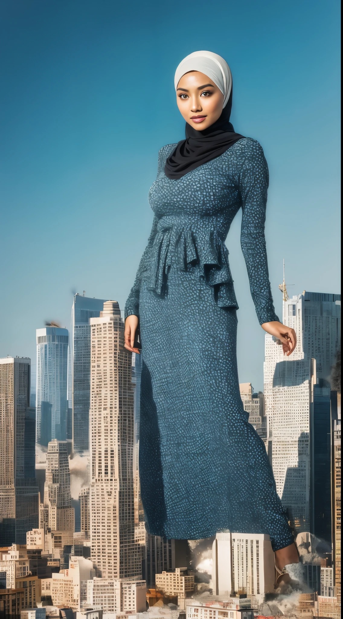 RAW, Best quality, high resolution, masterpiece: 1.3), beautiful Malay woman in hijab,Masterpiece, perfect slim fit body, (Huge breast),big gorgeous eyes, Soft smile, Delicate turtleneck print peplum dress, necklace, shairband, Excellent lighting, Bright colors, Clean lines, mega giantess, Asian, standing, high heels,, skyscrapers, city destruction, collapsing buildings, fire, smoke, explosions, dust explosions, gray tint, clear sky