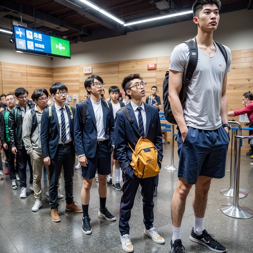 An extremely tall young chinese-looking giant , handsome, athletic, low tapercut, jawline, falling in line to board the plane with short friends