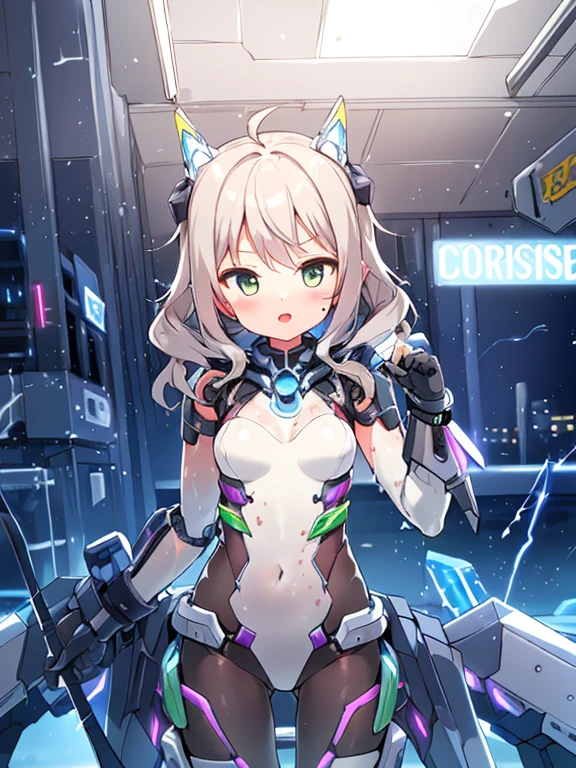 ((masterpiece:1.4、highest quality))+、(super detailed)+、
1 girl、cyberpunk city、flat chest、wavy hair、mecha clothes、(robot girl)、Cool move、Silver Bodysuit、colorful background、Wet day、(lightning effect)、Silver Dragon Armor、(cold face)、cowboy shot、pretty girl