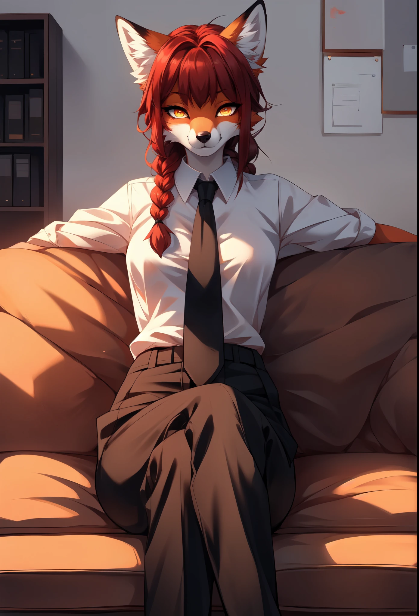 (masterpiece, best quality), 1girl, beautiful face,   makima, shirt, crimson red hair, single braid ponytail, side locks, glowing yellow eyes, ringed irises, straight bangs, collared shirt, white shirt, black pants, necktie, front view, red fox girl, anthro furry red fox, red fox ears, cute snout, black nose, sitting on a sofa, in an elegant office, legs crossed,  by fumiko, by hyattlen, by hioshiru, 