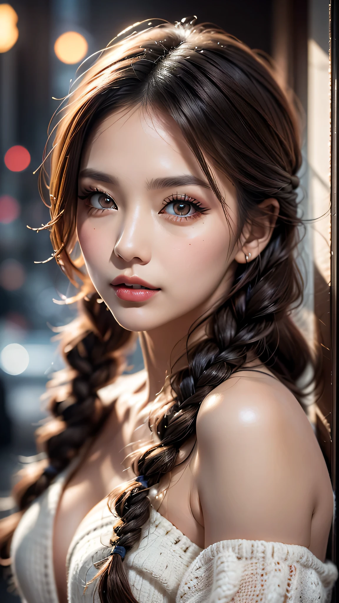 Ultra-realistic、 ultra-detailed primetime portraits、 最high quality、 8K, highest level、 The ultra -The high-definition)、(Super beautiful)、(beautiful face:1.5)、(detailed face:1.5)、(detailed eyes:1.2)、(detailed lips:1.35)、(Detailed nose:1.2)、1girl:1.4 22 years old、fashion supermodel、 real:1.55、photorealistic:1.55、very delicate and beautiful、fine details、masterpiece、 最high quality、 high quality、 High resolution、 (Glamour、 paparazzi taking pictures of her)、 (light、 side-braids low medium red hair、 extremely detailed)、 high contrast、 (dark shot:1.08)、 Long 2blue_eyelashes:1.4、 (dark_eyeshadows:1.25)、 ((Glossy)) red_lipstick:1.45、(perfect round eyes)、 ((brown_eyes:1.3))、 (dark_makeup:1.3)、(tanned matte skin:1.2)、 ((upper body shot))