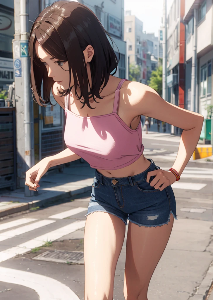 masterpiece, best quality, jeans, tank top, big breasts, hairband, fingerless gloves, smile, looking at viewer, thick thighs, city, see-through, (covered nipples:0.75), (wet:1.1), rain <lora:hitomi-000018:0.6>