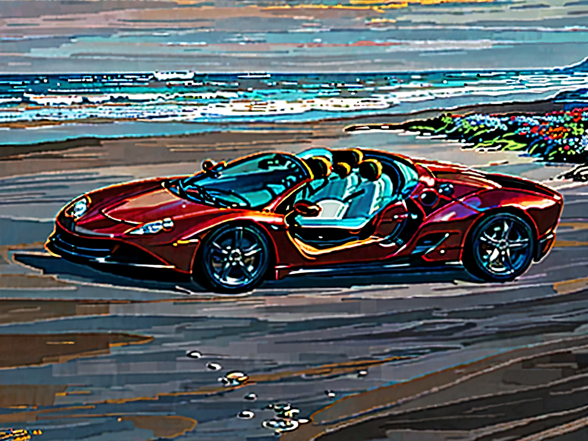 an orange roadster,at the seaside