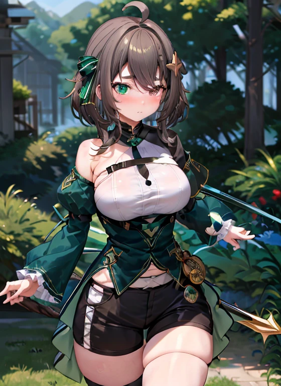 best quality, (masterpiece),(ultra-detailed), (high quality), (high resolution), 1girl, ahoge, black shorts, blush, braid, breasts, brown eyes, brown hair, detached sleeves, drink, frilled sleeves, green background, green bow, green eyes, hair between eyes, hair ornament, heterochromia, holding weapon, looking at viewer, meica, nail polish, ribbon, short sleeves, signature, solo, star hair ornament, virtual youtuber, witch, big breasts, large breasts, (beautiful large breasts:1.4), breasts, H-cup