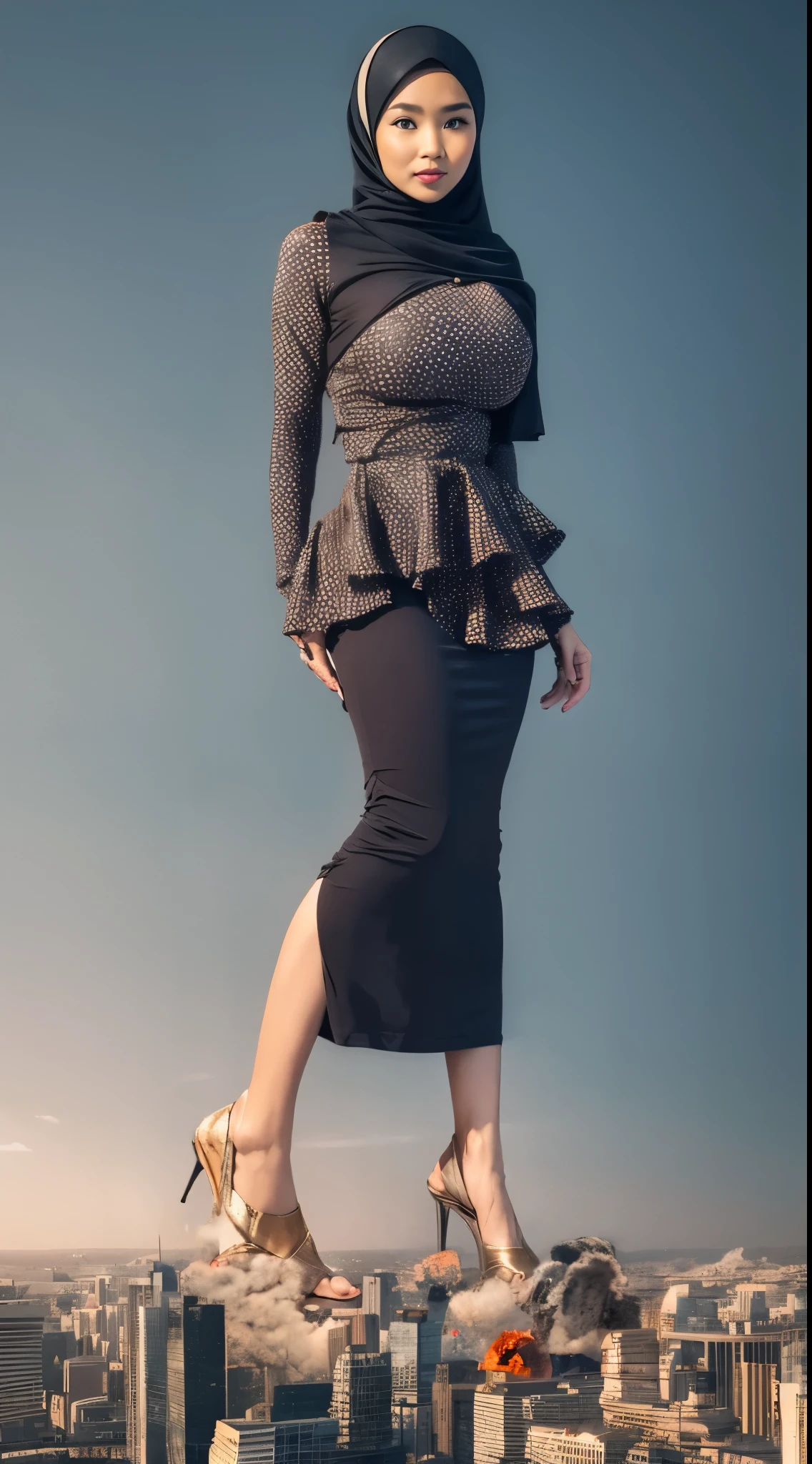 RAW, Best quality, high resolution, masterpiece: 1.3), beautiful Malay woman in hijab,Masterpiece, perfect slim fit body, (Huge breast), Massive Gigantic Round Tits : 196.9, big gorgeous eyes, Soft smile, Delicate turtleneck print peplum dress, necklace, shairband, Excellent lighting, Bright colors, Clean lines, mega giantess, Asian, standing, high heels,, skyscrapers, city destruction, collapsing buildings, fire, smoke, explosions, dust explosions, gray tint, clear sky