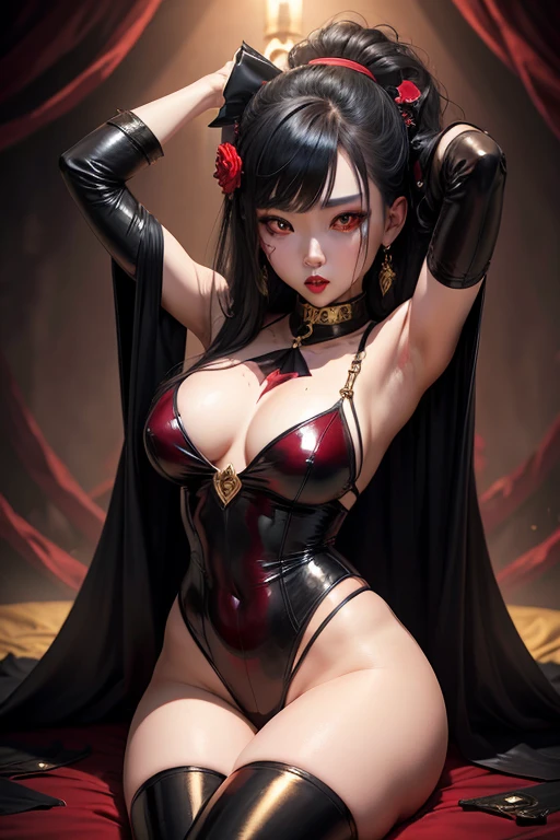 Korean girl as a vampire with golden eyes, blood on lips