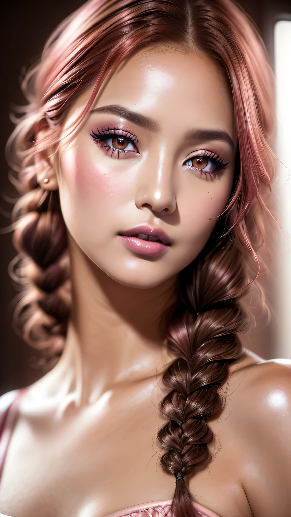 Ultra-realistic、 ultra-detailed primetime portraits、 最high quality、 8K, highest level、 The ultra -The high-definition)、(Super beautiful)、(beautiful face:1.5)、(detailed face:1.5)、(detailed eyes:1.2)、(detailed lip:1.35)、(Detailed nose:1.2)、1girl:1.4 22 years old、fashion supermodel、 real:1.55、photorealistic:1.55、very delicate and beautiful、fine details、masterpiece、 最high quality、 high quality、 High resolution、 (Glamour、 paparazzi taking pictures of her)、 (light、 side-braids low medium red hair、 extremely detailed)、 high contrast、 (dark shot:1.07)、 Long 2blue_eyelashes:1.38、 (dark_eyeshadows:1.25)、 (Glossy) red_lipstick:1.45、(perfect round eyes)、 ((brown_eyes:1.3))、 (pink_makeup:1.28)、(tanned matte skin:1.27)、 ((upper body shot))