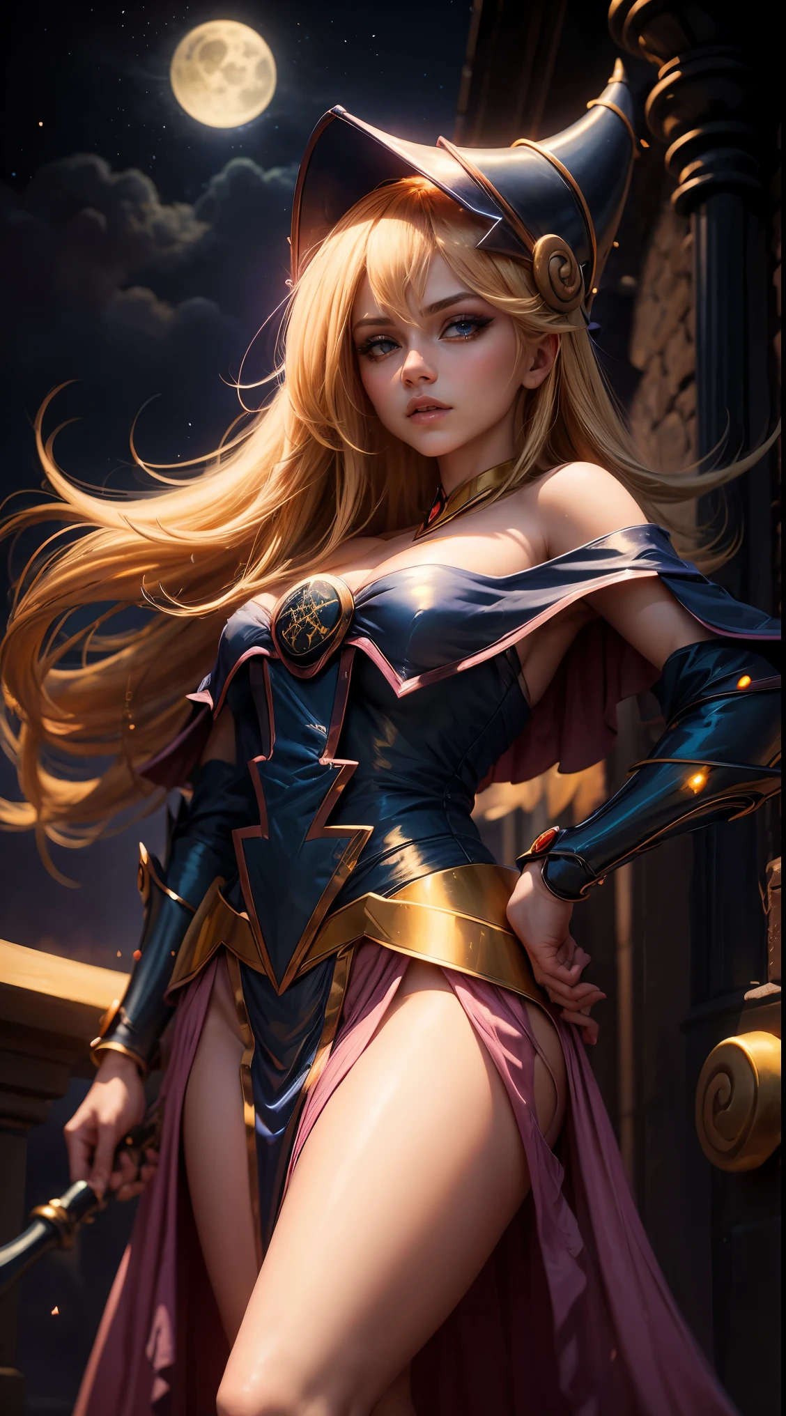 "Photograph of a dark magician golden sorceress under the moonlight, Atmospheric, Hora dorada, encantador, Oscuro y encantador."