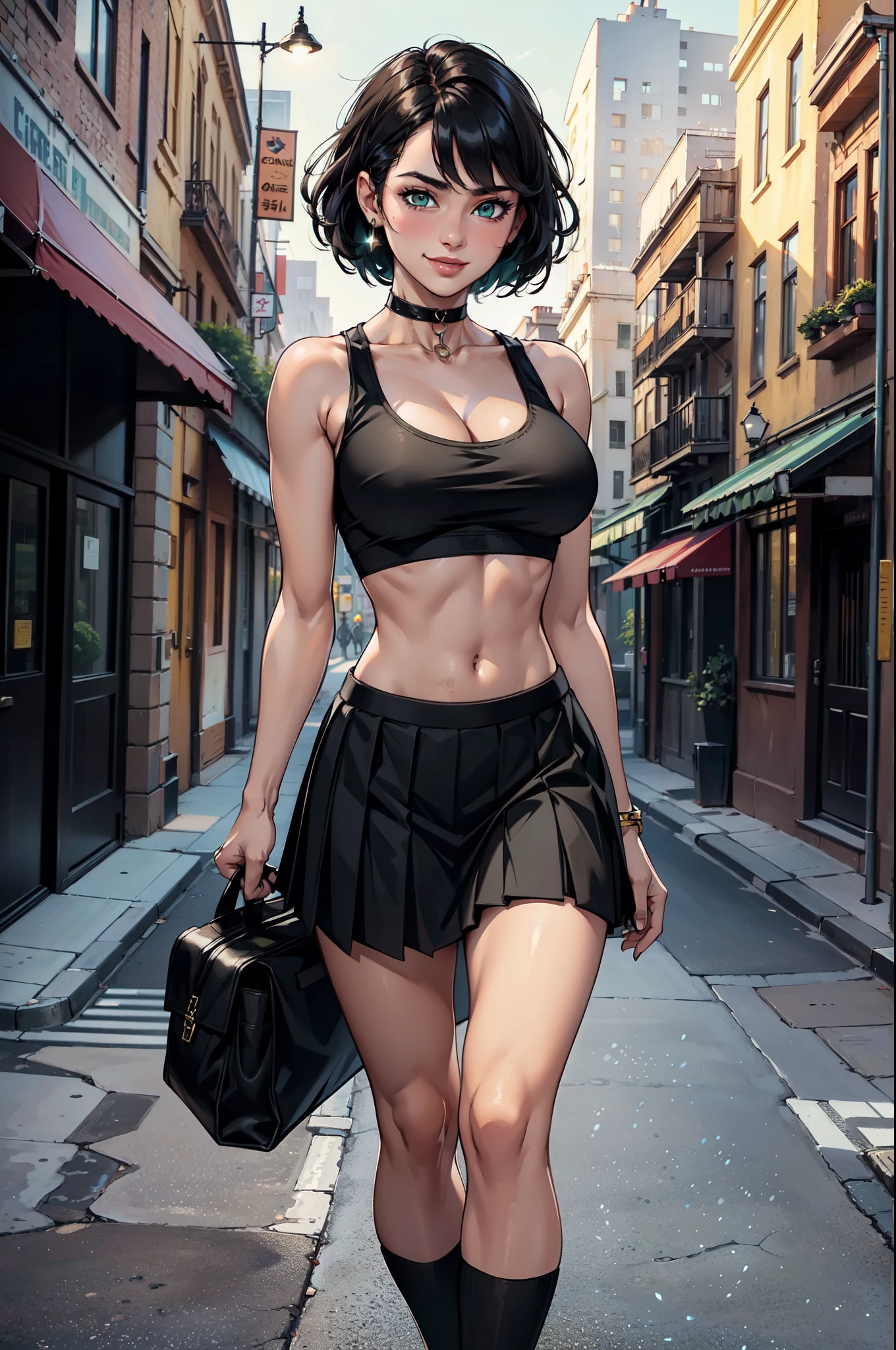 ((Masterpiece)), ((Best Quality)), Ultra High Resolution, HDR, absurderes, 8K, (1 girl), intricate details, ultra-detailed, dramatic lighting, blushing, smile, green eyes, short black hair, bob hair, choker, crop top, (black tank top), (black pleated mini skirt), gorgeous girl, large breasts, cleavage, gorgeous body, vivid colors, full body view, sharp focus, detailed illustration, detailed background, outdoors, depth of field, shy, feminine, professional artwork, standing up, in city