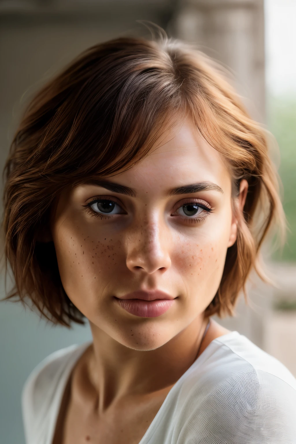 best quality, face focus, sex face, soft light, ultra high res, (photorealistic:1.4), RAW photo, smooth skin, looking at camera, (1girl, latin, 22 years old,) , bob hair, slight freckles on face