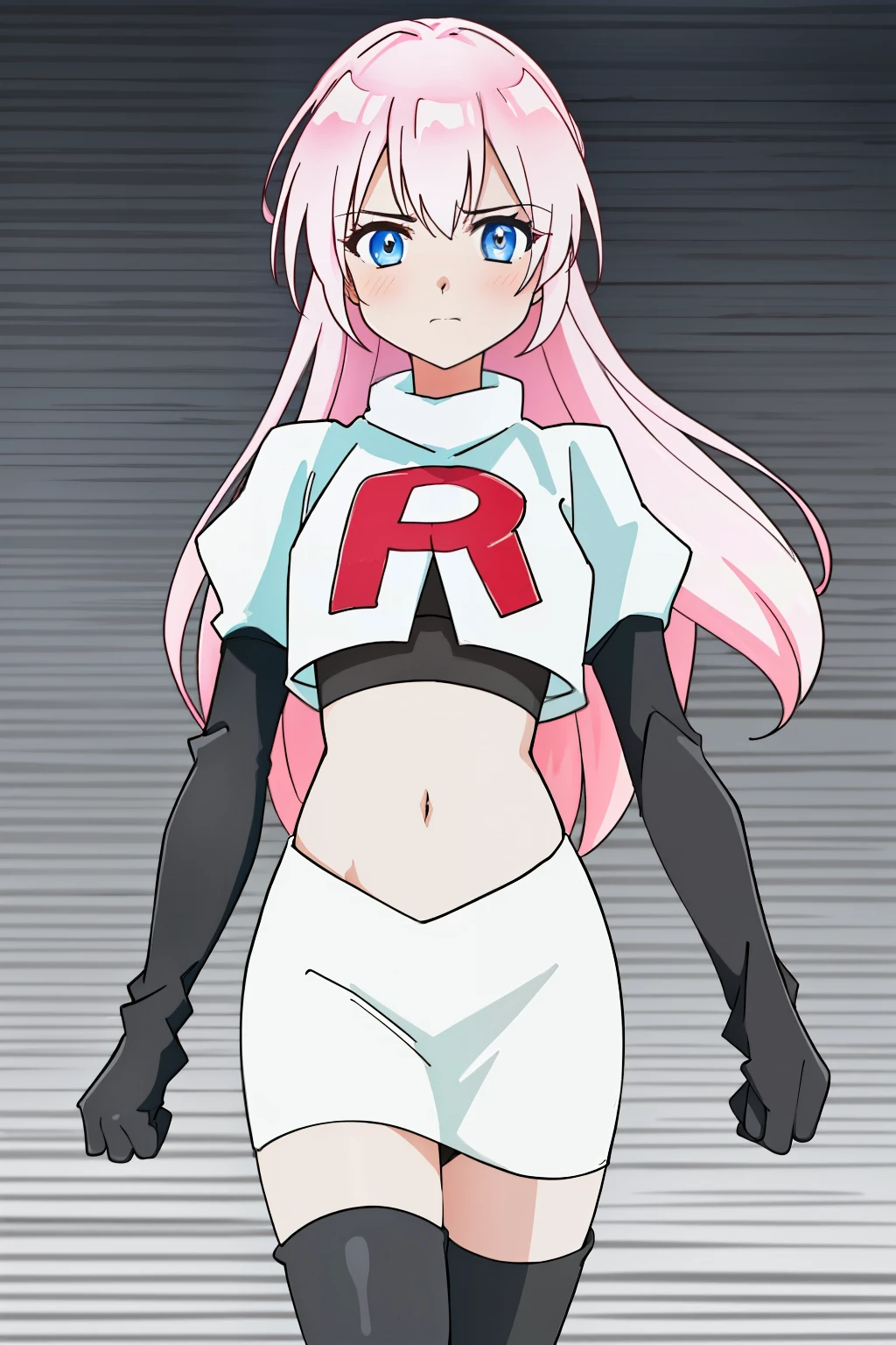 1girl, solo, shikimoriMicchon, highres, hdr, (((best quality, masterpiece))), ultra detailed illustration, extremely detailed face, team rocket,team rocket uniform, red letter R, white skirt,white crop top,black thigh-highs,black elbow gloves,