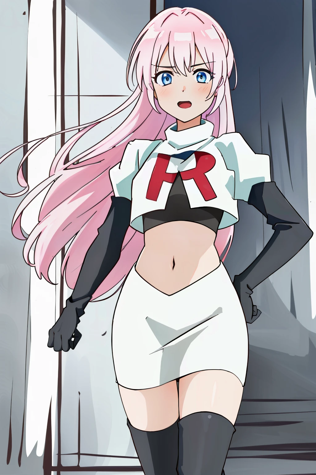 1girl, solo, shikimoriMicchon, highres, hdr, (((best quality, masterpiece))), ultra detailed illustration, extremely detailed face, team rocket,team rocket uniform, red letter R, white skirt,white crop top,black thigh-highs,black elbow gloves,