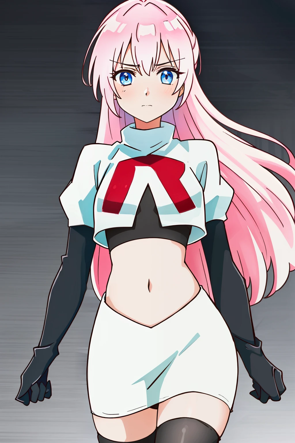 1girl, solo, shikimoriMicchon, highres, hdr, (((best quality, masterpiece))), ultra detailed illustration, extremely detailed face, team rocket,team rocket uniform, red letter R, white skirt,white crop top,black thigh-highs,black elbow gloves,