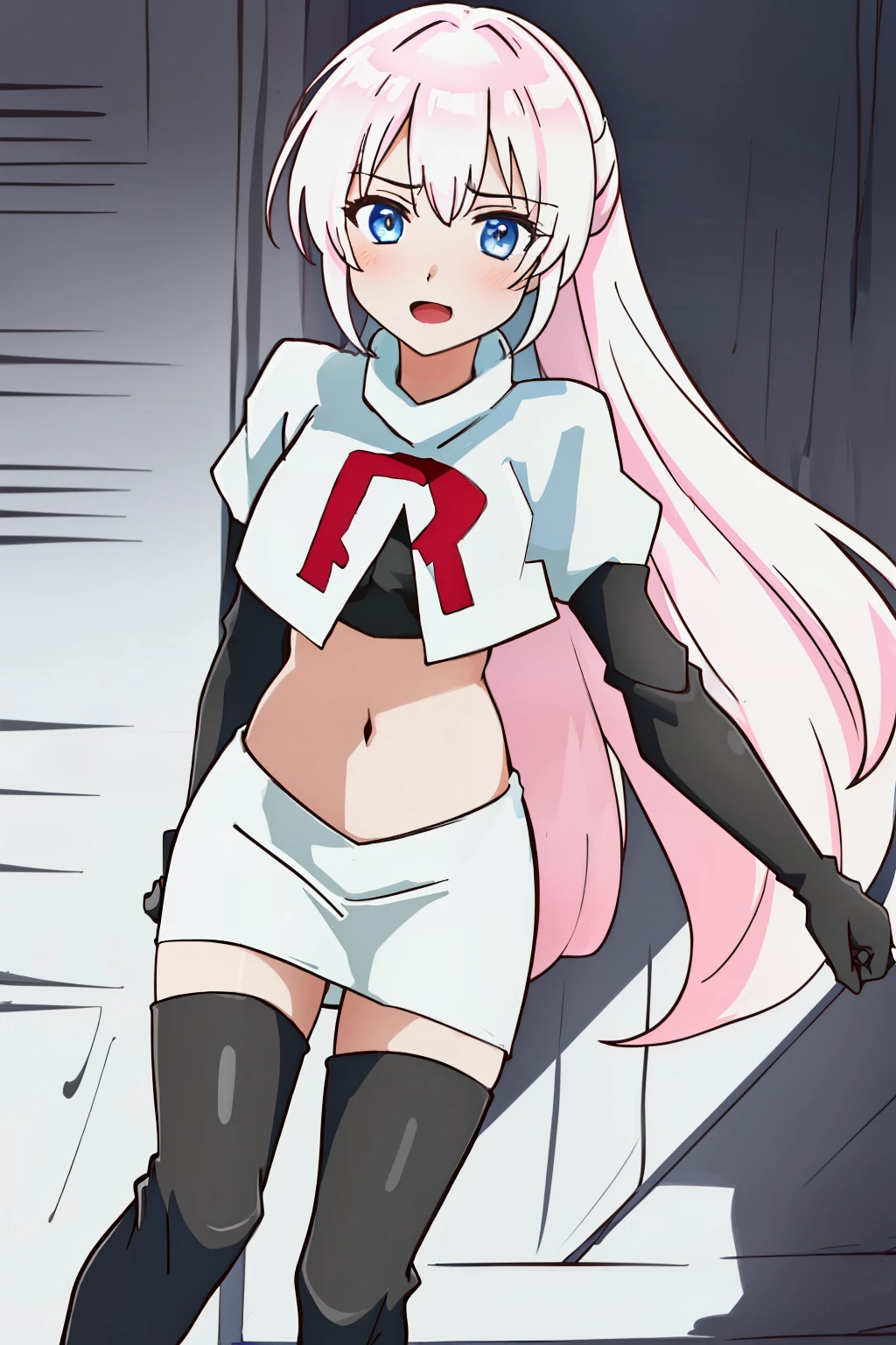 1girl, solo, shikimoriMicchon, highres, hdr, (((best quality, masterpiece))), ultra detailed illustration, extremely detailed face, team rocket,team rocket uniform, red letter R, white skirt,white crop top,black thigh-highs,black elbow gloves,