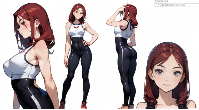 ((Best Quality)), ((Masterpiece)), ((Realistic)) 19 year old, redhead girl, armpit lenght hair, relaxed happy face ((slender)) (busty) yoga pants and white top, corkscrew hairstyle, (((detailed character sheet, frontal view, side view, three quarter view))) white background