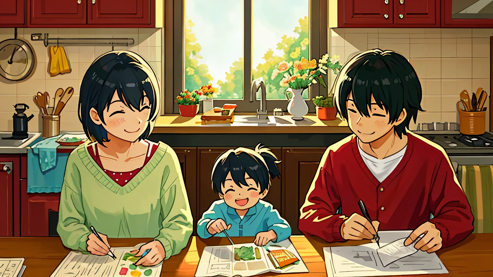 
Create a charming scene of a happy family morning, where everyone is joyfully engaged in breakfast. The mother is in the kitchen, preparing something delicious, while the father reads the newspaper. Two young children, a boy and a girl, are excited and smiling at the table. The image should have a watercolor-drawn style, providing a dynamic and realistic feel with rich details. Use vibrant colors, plenty of light, and emphasize details to capture the attention of children.