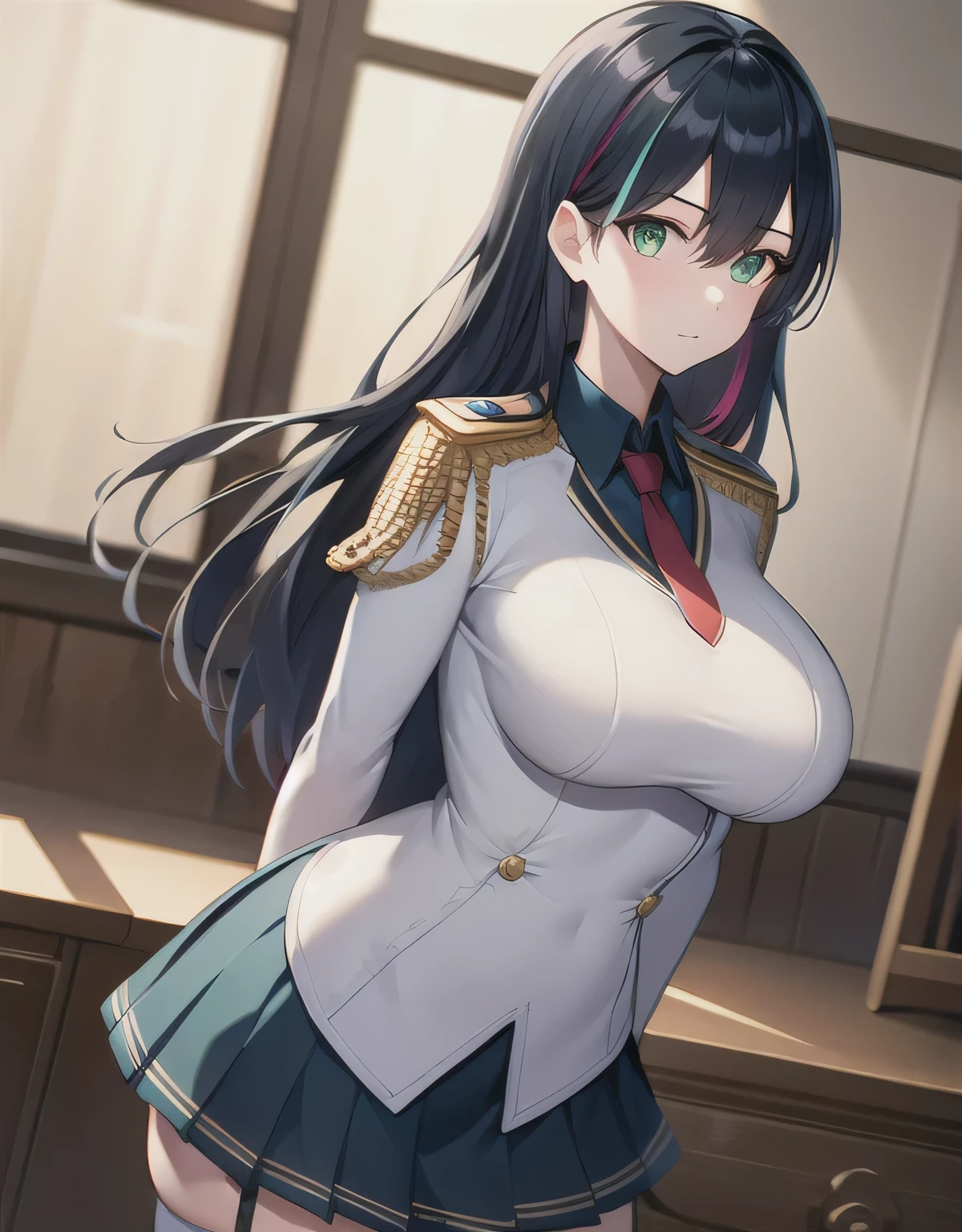 disorganized,official art,Super detailed,skirt, shirt, black hair, Thighhighs, hair between eyes, green eyes, colorful hair, pleated skirt, tie, collared shirt, uniform, white Thighhighs, striped hair, black shirt, capelet, red tie indoor hall,(big breasts:1.5),looking at the viewer,Are standing,(((masterpiece))),((highest quality)),perfect anatomy,8K UHD,highly detailed face,luster and luster,((1 girl)),((alone)),beautiful and fine eyes,perfect image,(Upper body:1.1),(look ahead:1.1),turn your arms behind your back,slim waist,(shiny hair),