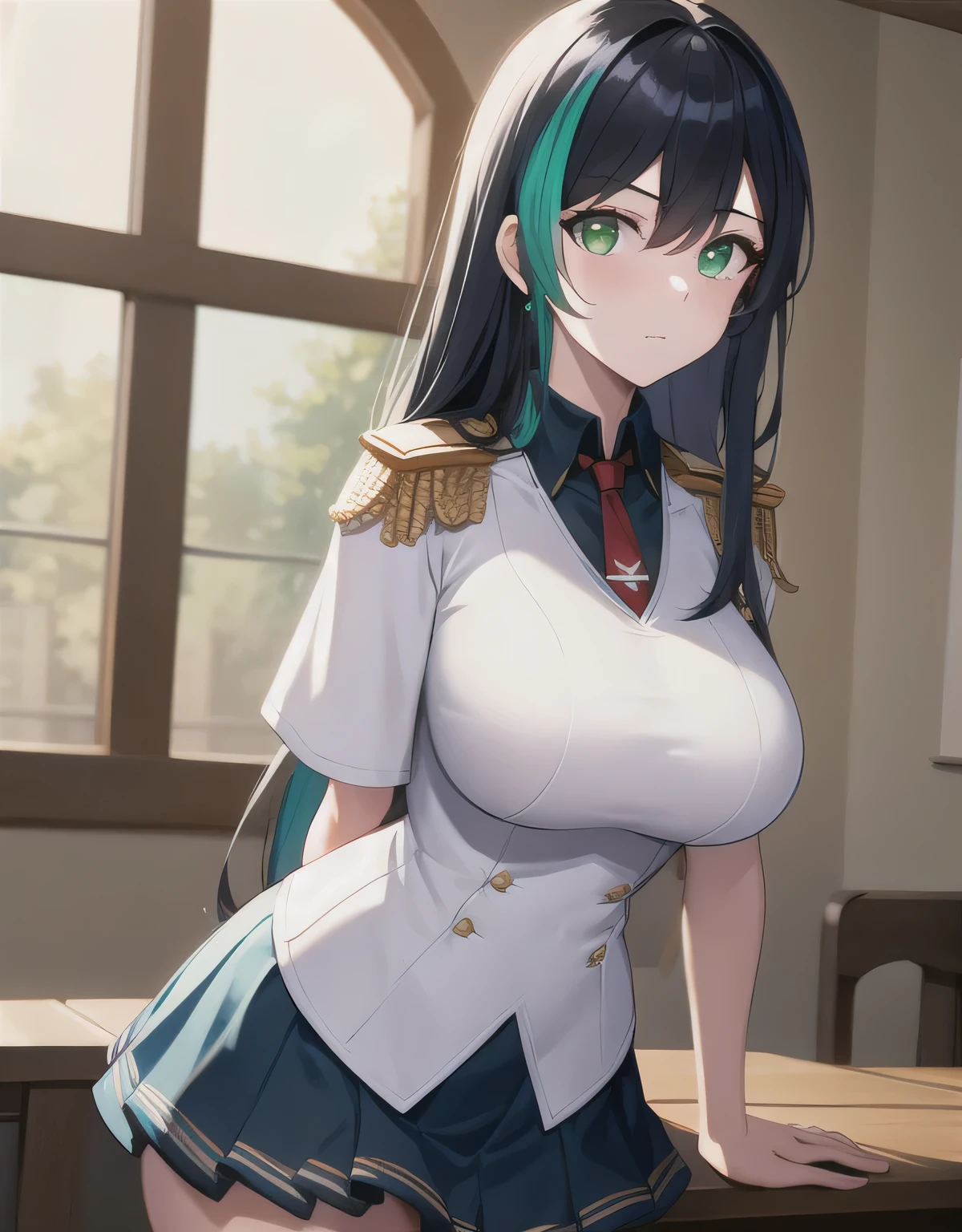 disorganized,official art,Super detailed,skirt, shirt, black hair, Thighhighs, hair between eyes, green eyes, colorful hair, pleated skirt, tie, collared shirt, uniform, white Thighhighs, striped hair, black shirt, capelet, red tie indoor hall,(big breasts:1.5),looking at the viewer,Are standing,(((masterpiece))),((highest quality)),perfect anatomy,8K UHD,highly detailed face,luster and luster,((1 girl)),((alone)),beautiful and fine eyes,perfect image,(Upper body:1.1),(look ahead:1.1),turn your arms behind your back,slim waist,(shiny hair),