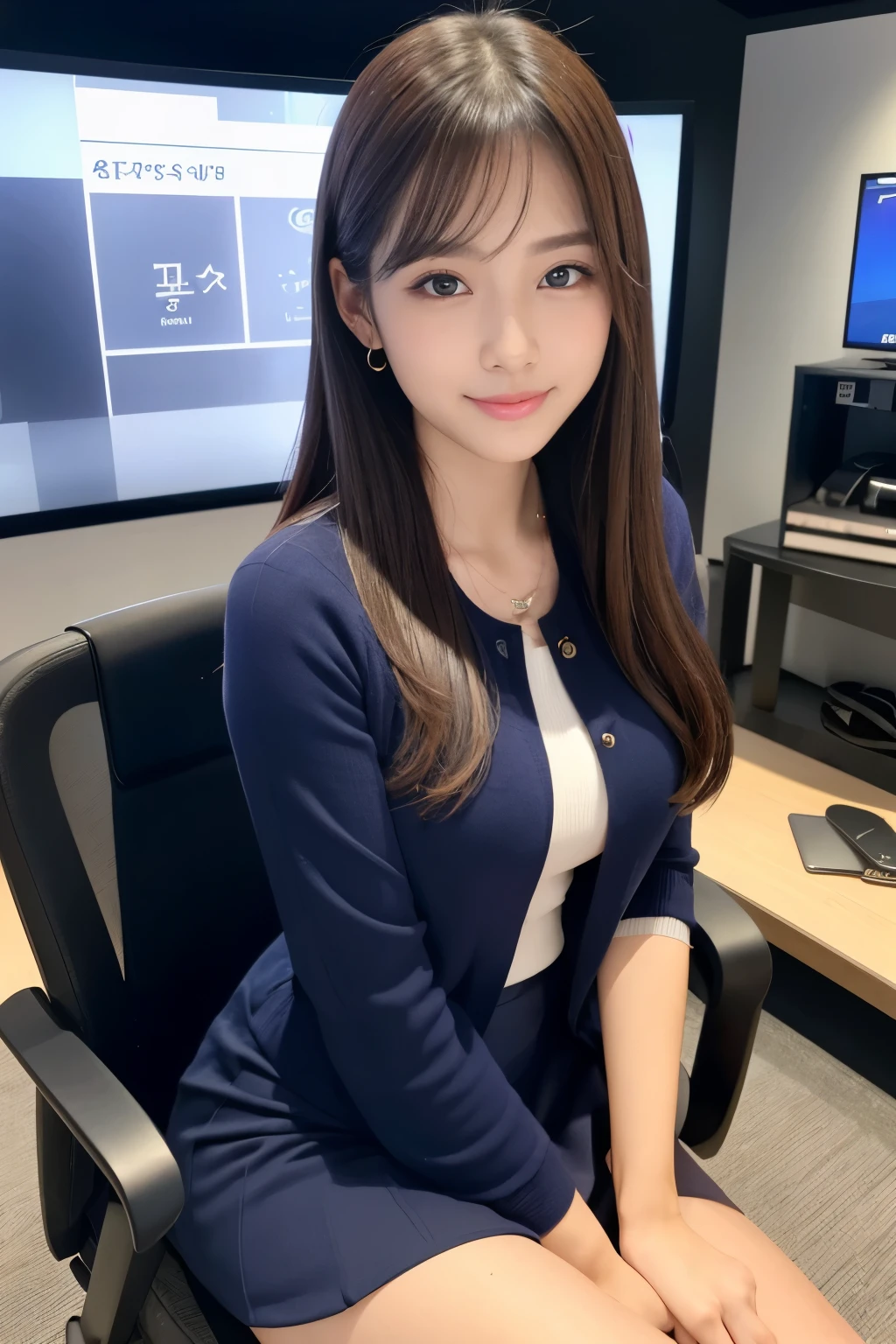 A person's point of view, (On the table:1.3), A high resolution, ultra - detailed, Extremely detailed CG unity 8k wallpaper, actual, 真实感, RAW photogr, beautiful detailed face, pale-skinned, Realistic shiny skin, Fine cloth texture, Detailed hair texture, perfect bodies, pretty face, acurate, Anatomically correct, Highly Detailed Face and Skin Textur, natural neck length, (beautiful hand), (White skin of the:1.2), Thin leg, thin feet,
BREAK BREAK BREAK,
詳細な目, symetric eye, light brown eyes, 二重まぶた, tthin eyebrows, (glossy lips:1.4), ((Smile gently:1.2)), (Be red in the face:1.1),
BREAK BREAK BREAK,
(Elegant and cute girl:1.3), (wear elegant clothes (light violet) button- shirt:1.2), ((navy) Long skirt with irregular hem:1.2), Close button, (long skirt),
mediuml breasts, (long slim figure:1.1), Tightens abs, Beautifulcollarbone,
(dark gold hair, curlies, long whitr hair:1.2), ((asymmetricalbangs:1.2)),
BREAK BREAK BREAK,
(Gently extend one hand downward:1.2),
((In a modern office in China)), (cow boy shot:1.2), looking at viewert, View from below,