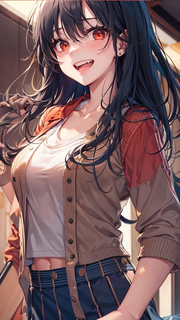 masterpiece:1.2, best quolyty, 8k, beautiful detailed grow, (Precise and unmatched illustrations:1.3), daydreaming expression:1.3, break, frontal a black long straight hair beauty femdom girl, 17 yo, detailed beautiful red eyes, glossy mouth, blush smile,  hands on chest, huge breasts, break, tops is red shirt and ((beige cardigan)), botoms is navy blue skirt, break, in the room.